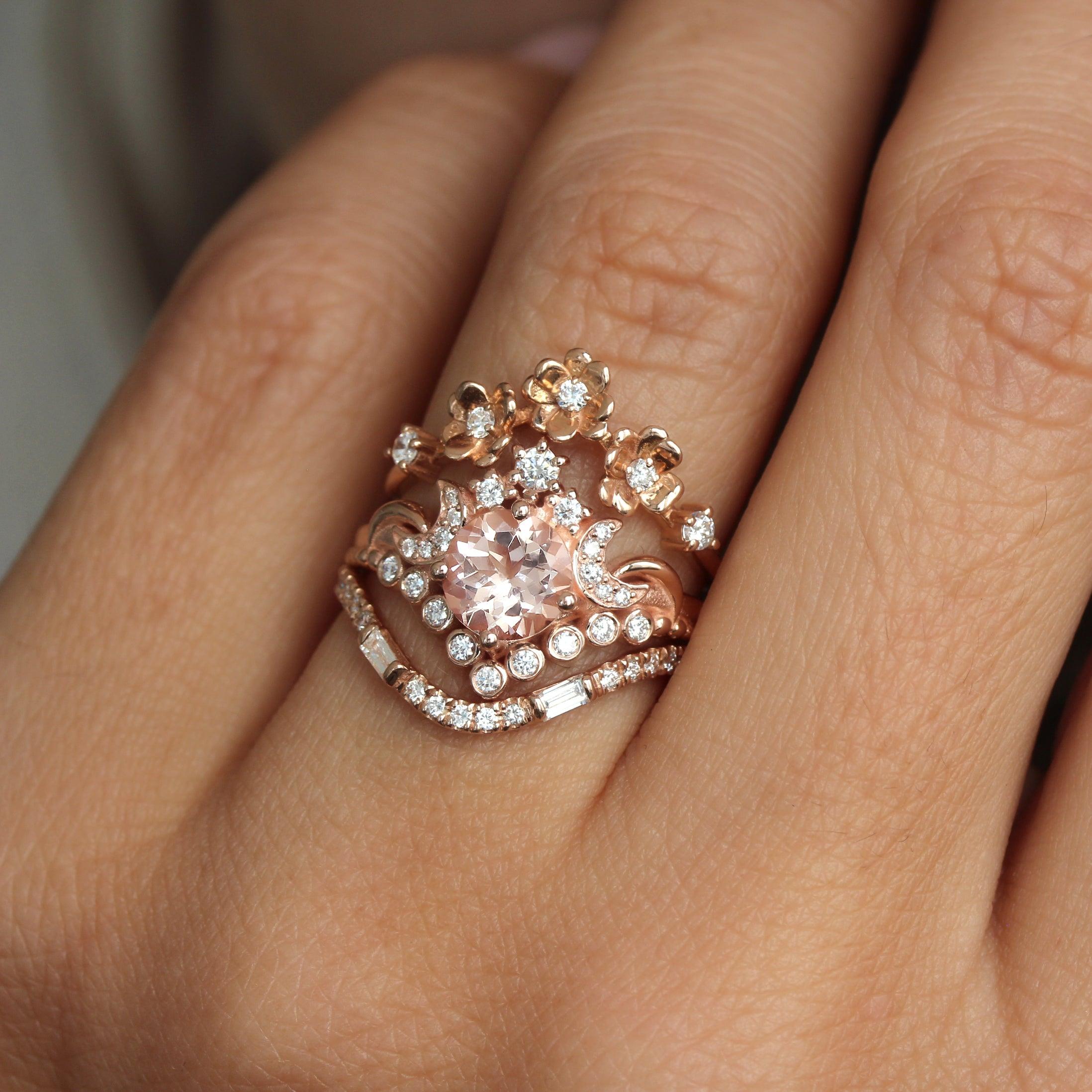 Round Cut Round Morganite Moons and Stars Celestial Unique Engagement Ring, 