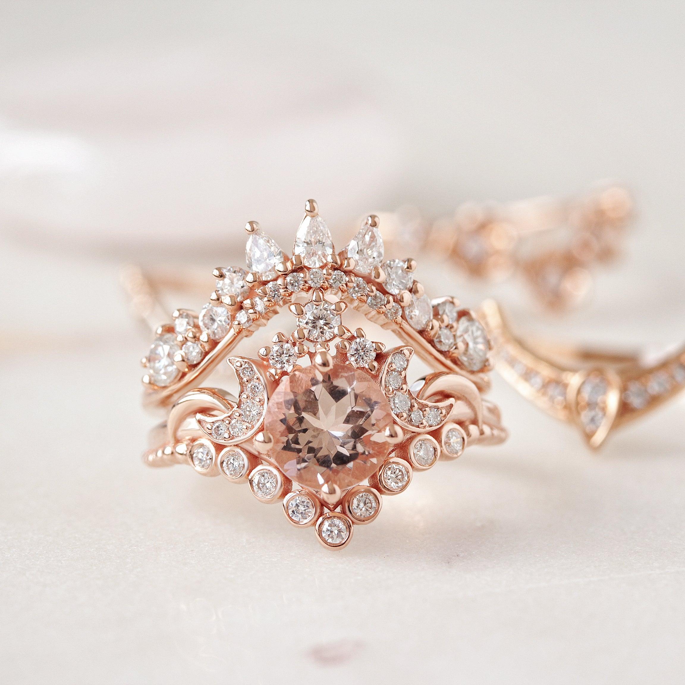 Round Morganite Moons and Stars Celestial Unique Engagement Ring, 