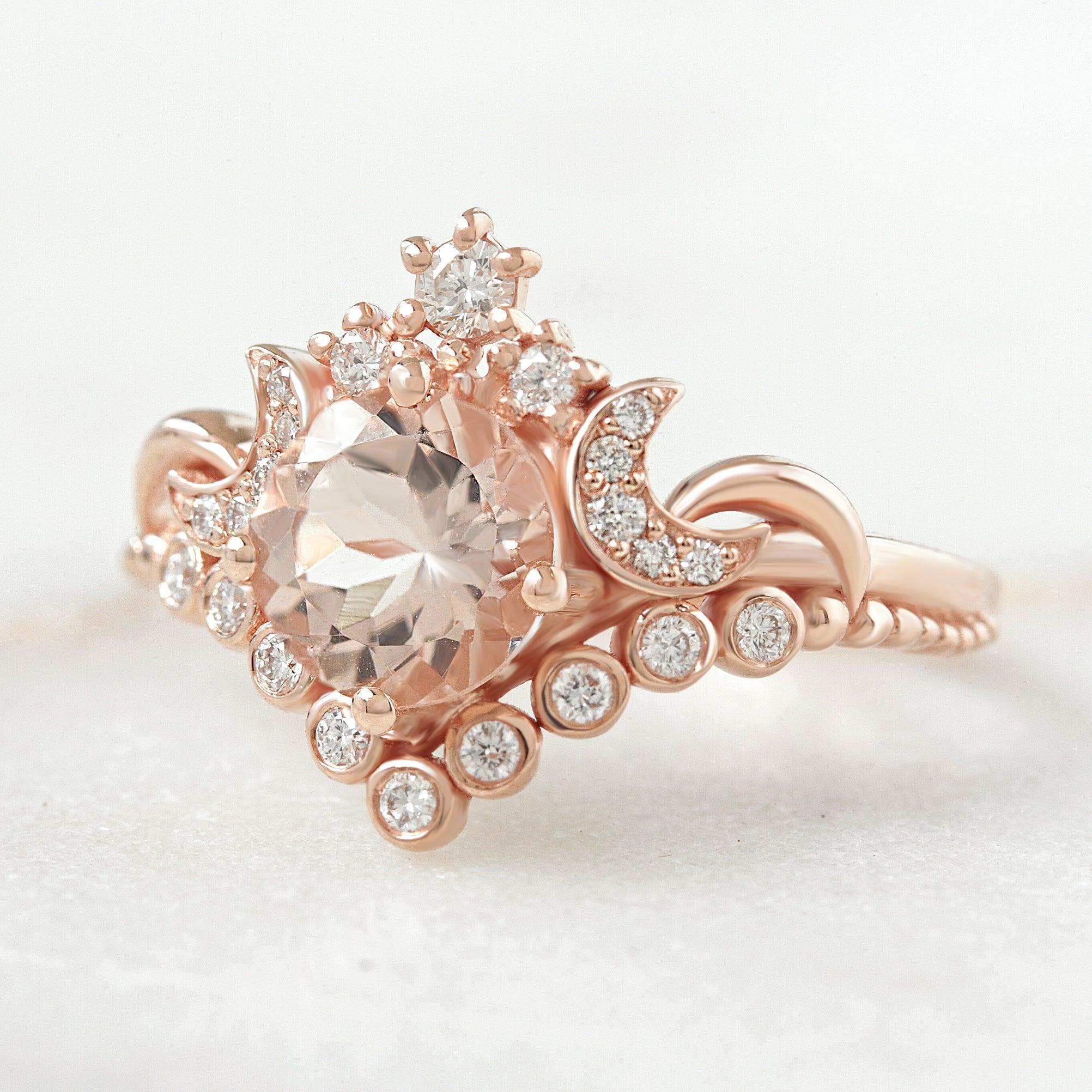 Women's Round Morganite Moons and Stars Celestial Unique Engagement Ring, 