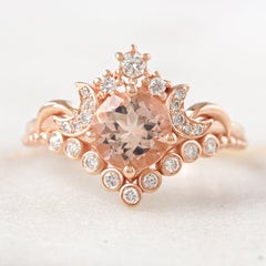 Round Morganite Moons and Stars Engagement Ring, 14k Rose Gold, "Moonlight"