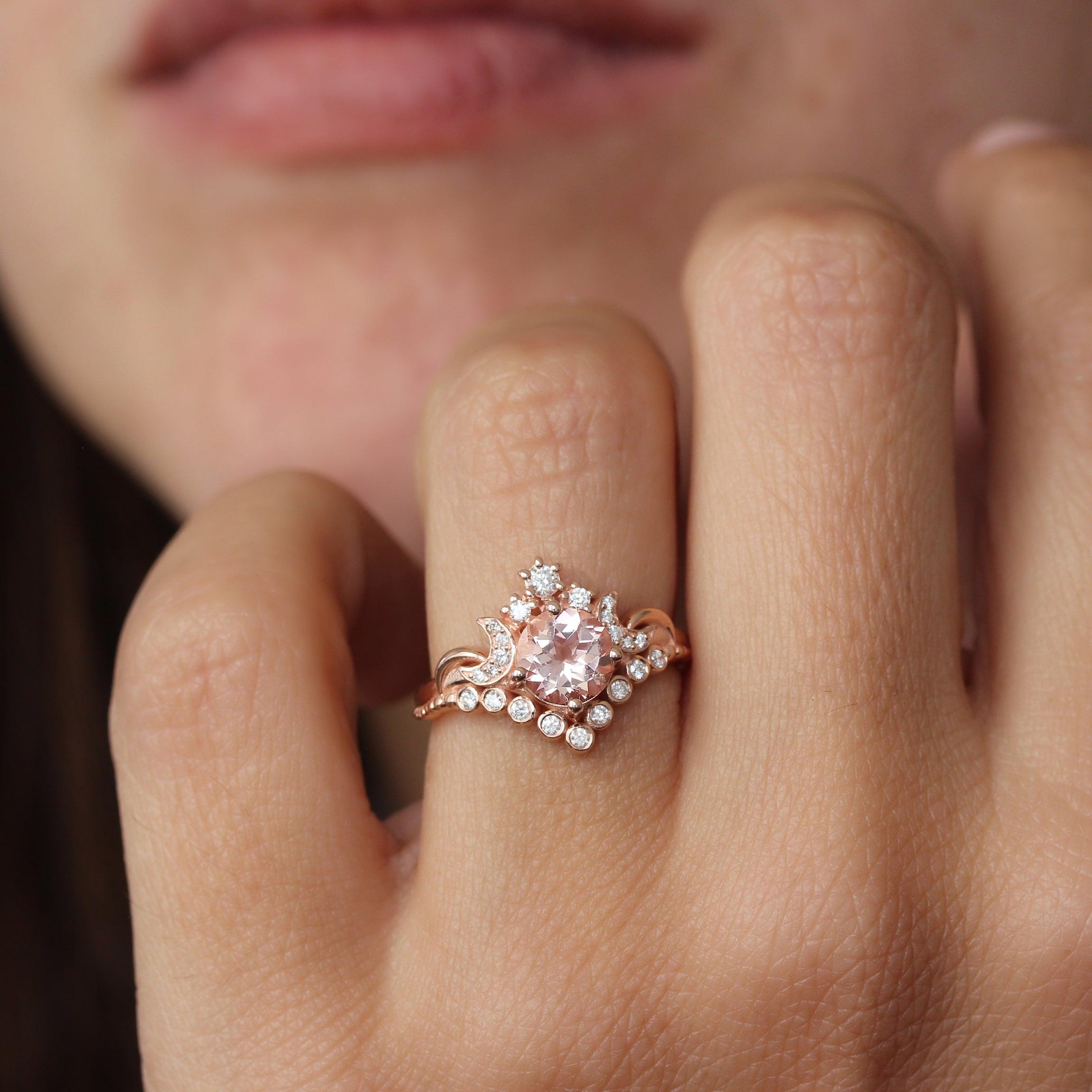 Round Morganite Moons and Stars Engagement Ring, 14k Rose Gold, 