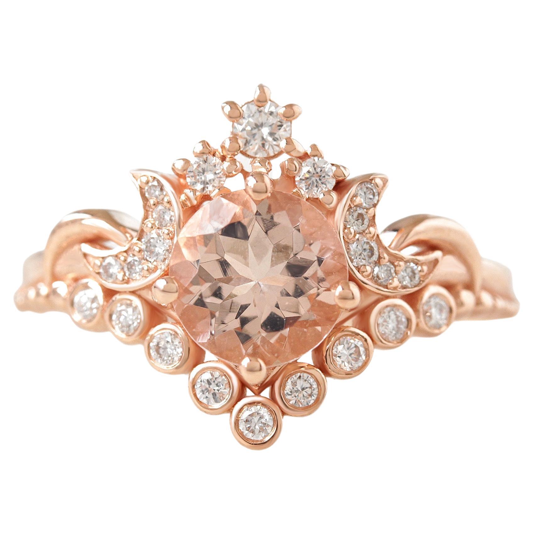 Round Morganite Moons and Stars Engagement Ring, 14k Rose Gold, "Moonlight" For Sale