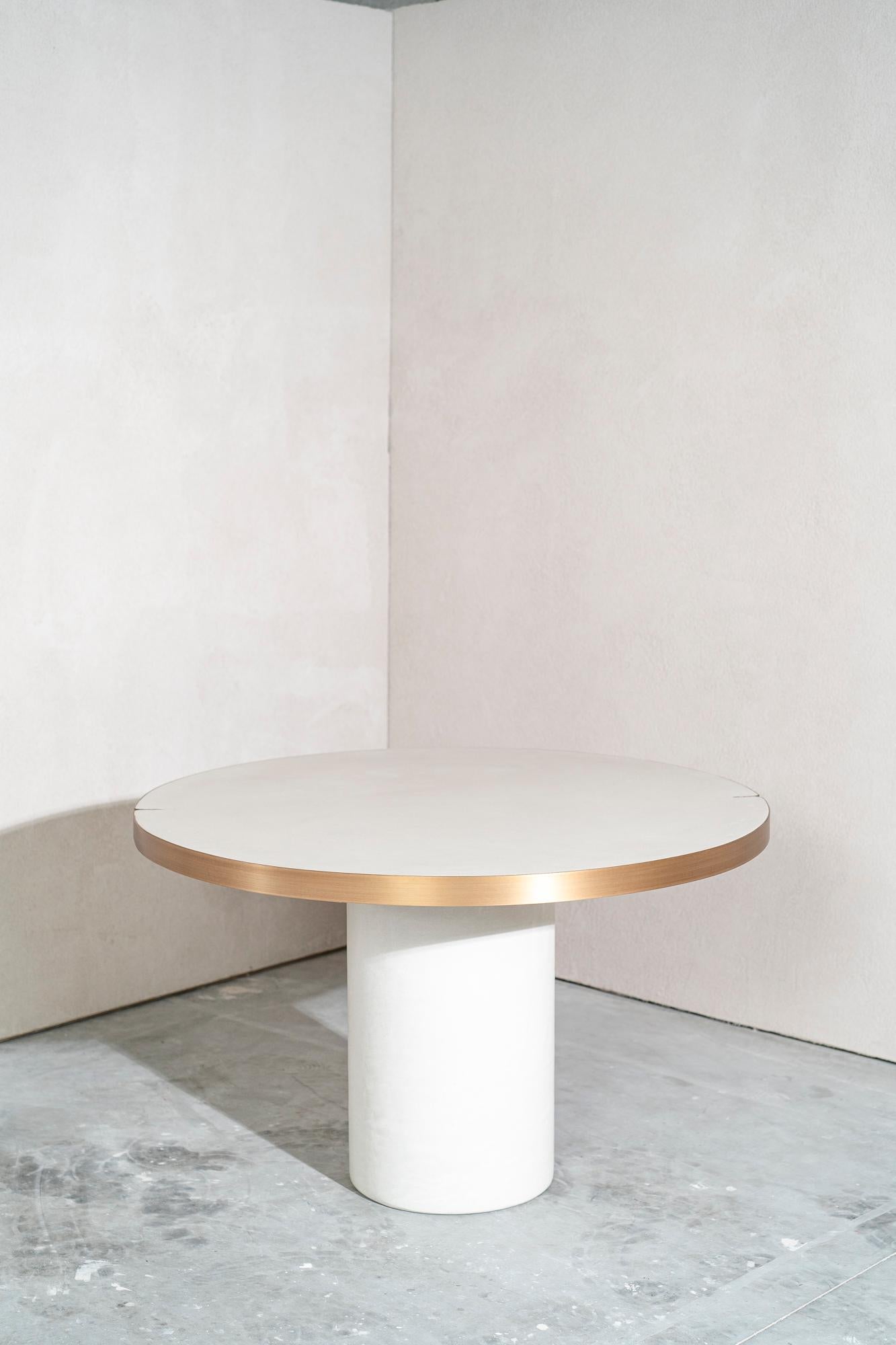 Arts and Crafts Round Mortex Table with Brass RIng and Signature Detail For Sale
