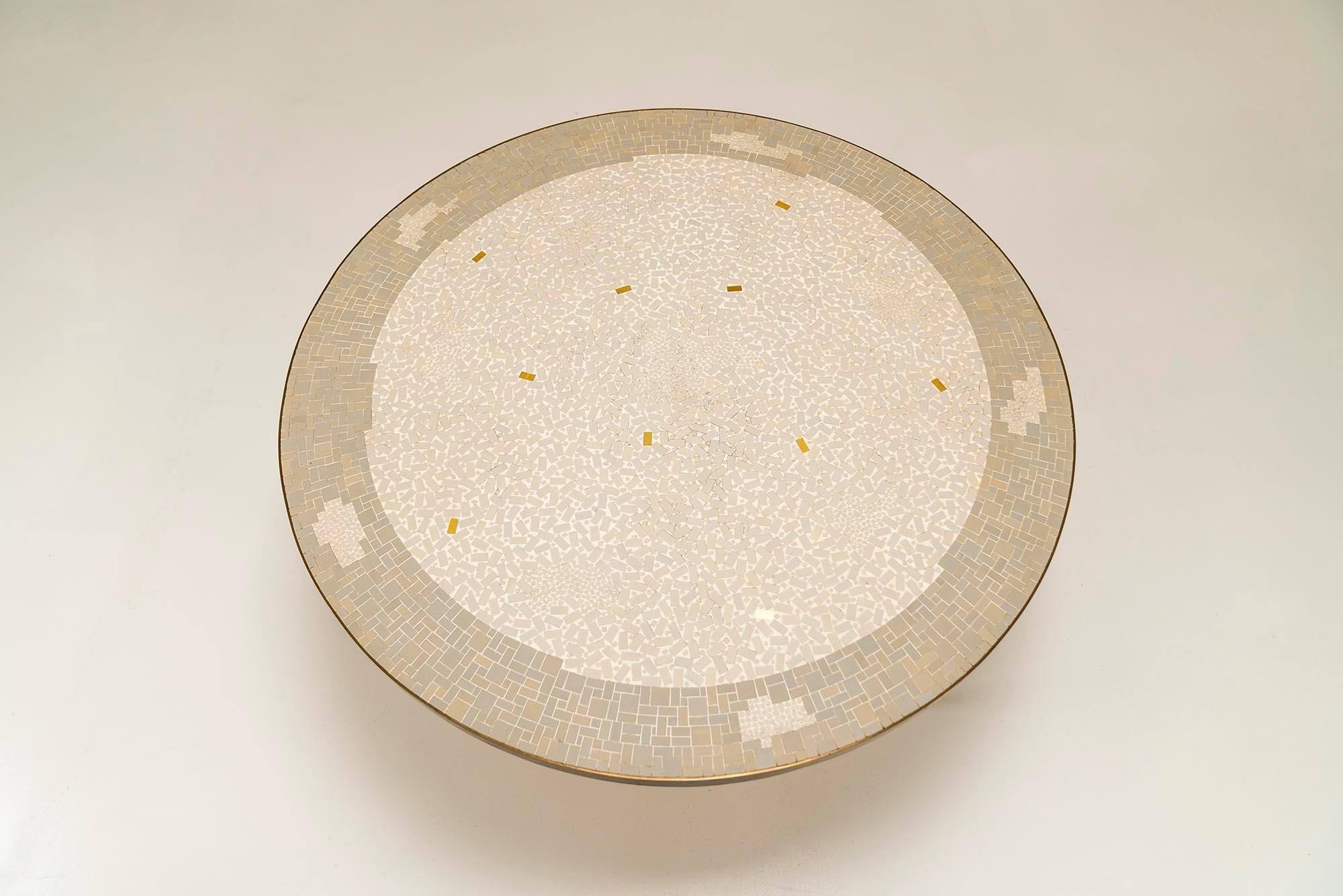 Brass Round Mosaic Coffee Table by Berthold Müller-Oerlinghausen, Germany, ca 1960s For Sale