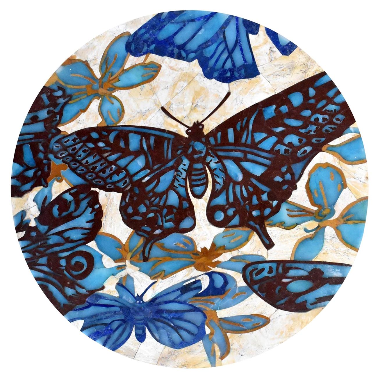 Runde Mosaik-Marmortischplatte mit Schmetterlingen und Blumenintarsien im Angebot