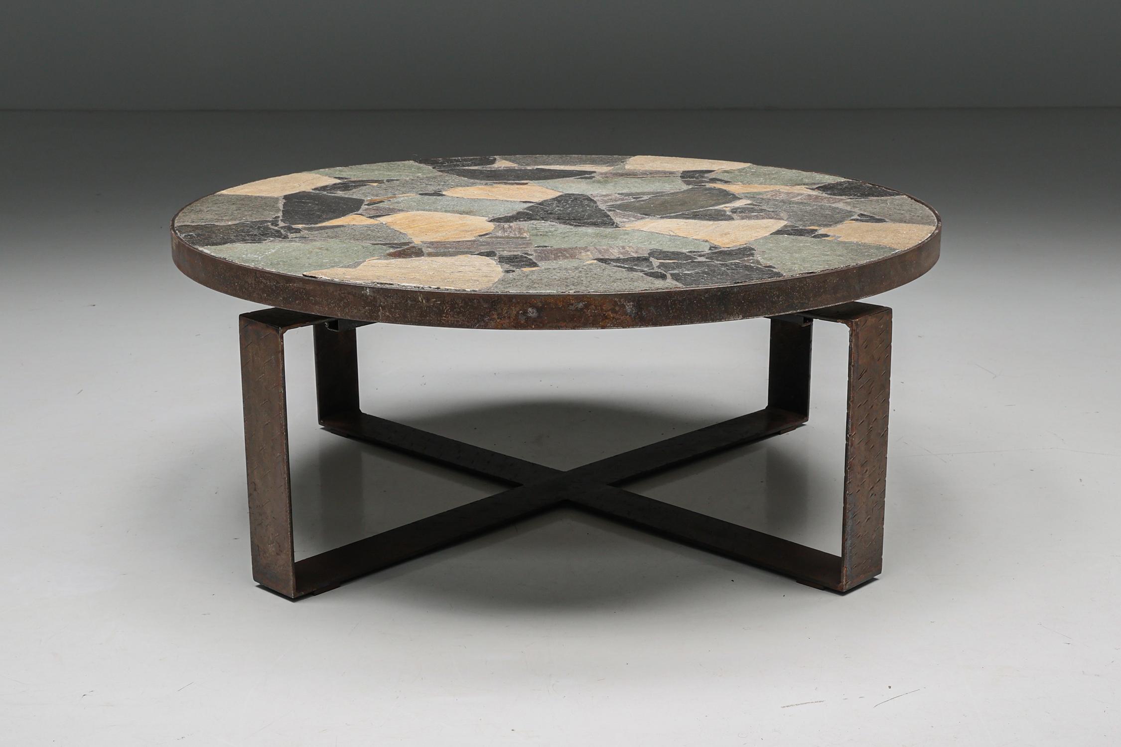 Italian Round Mosaic Stone Coffee Table, Iron Base, Mid-Century Modern, Italy, 1950s