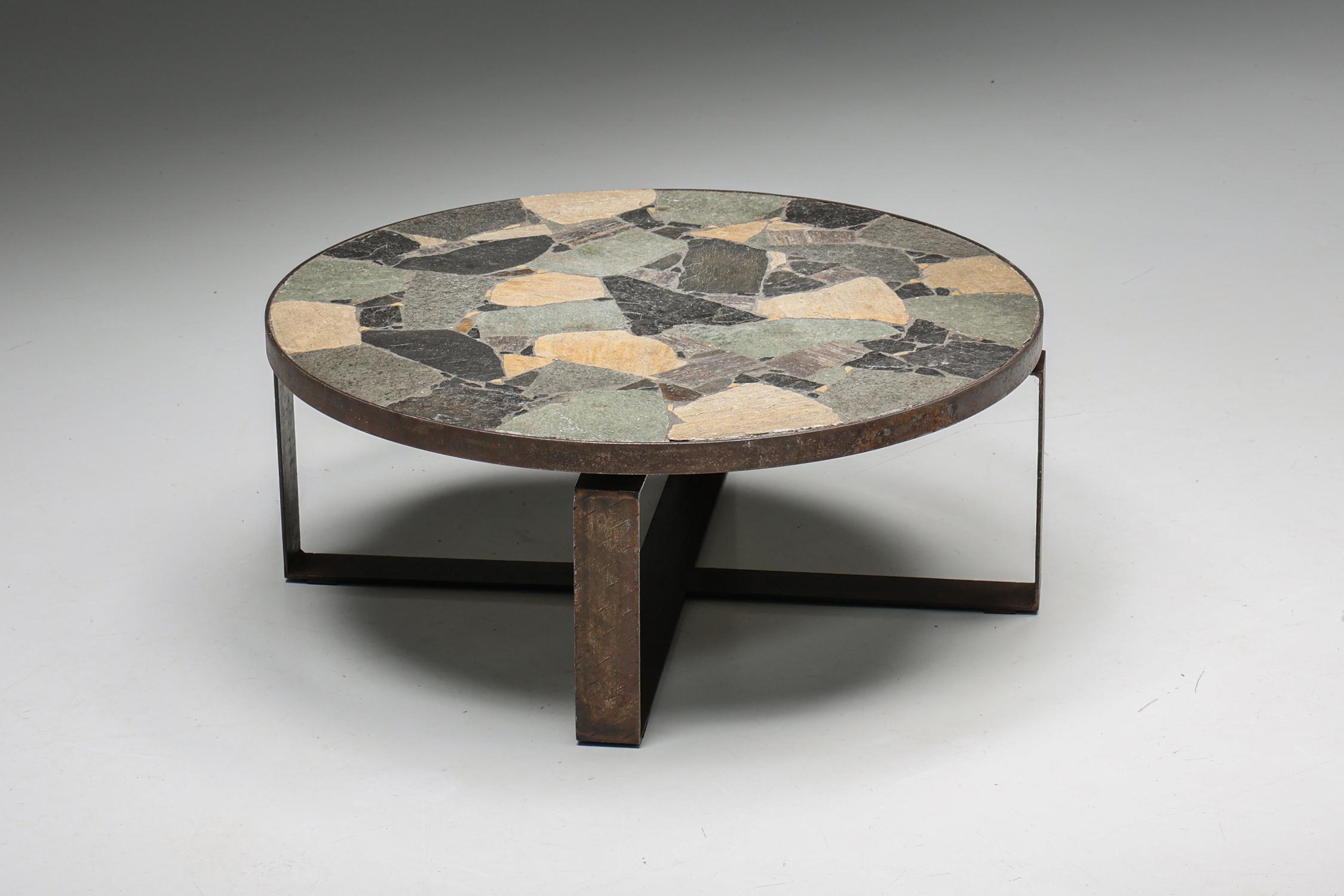 Mid-20th Century Round Mosaic Stone Coffee Table, Iron Base, Mid-Century Modern, Italy, 1950s