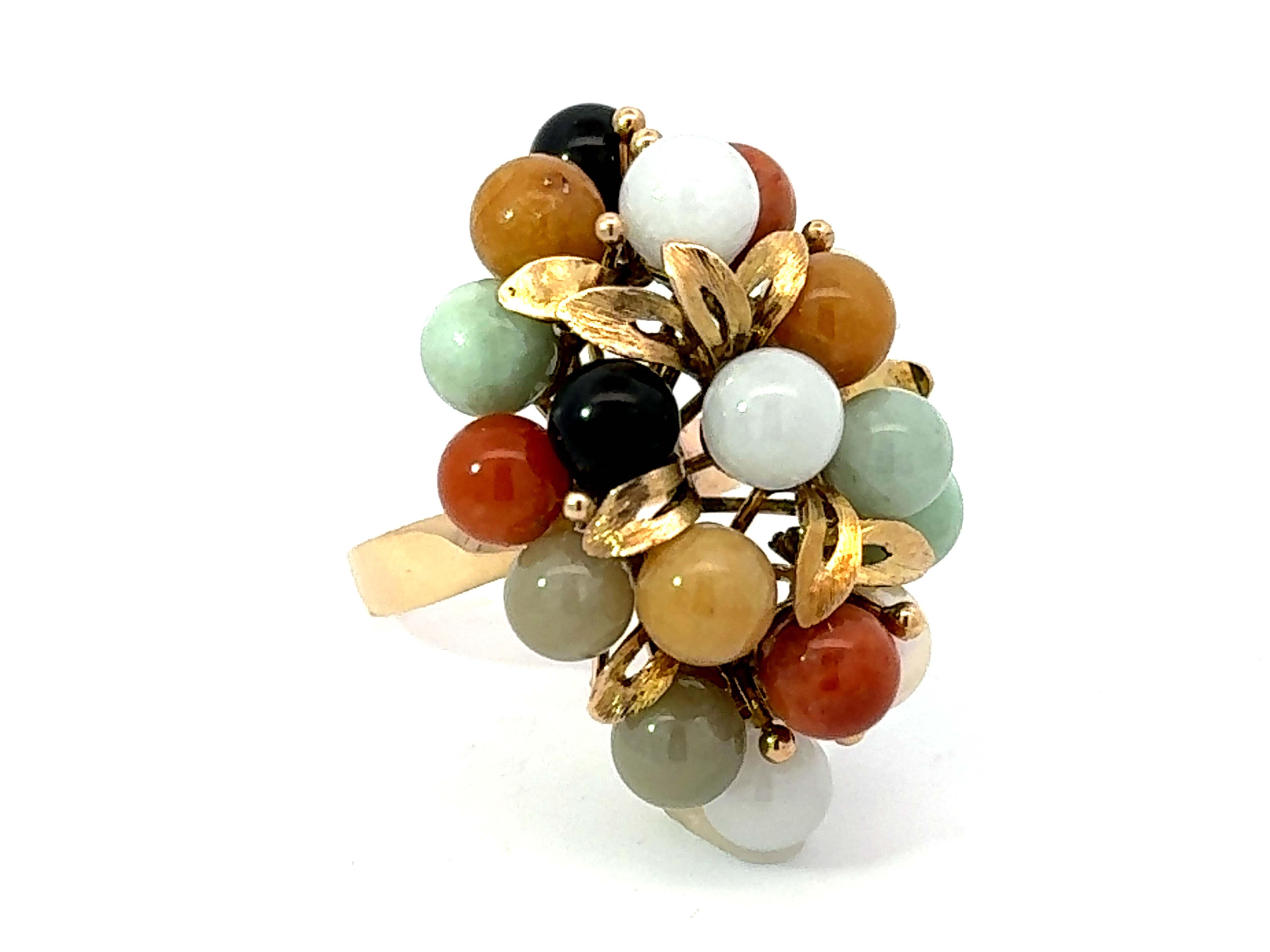 Modern Round Multi Colored Jade Ring 14K Yellow Gold For Sale