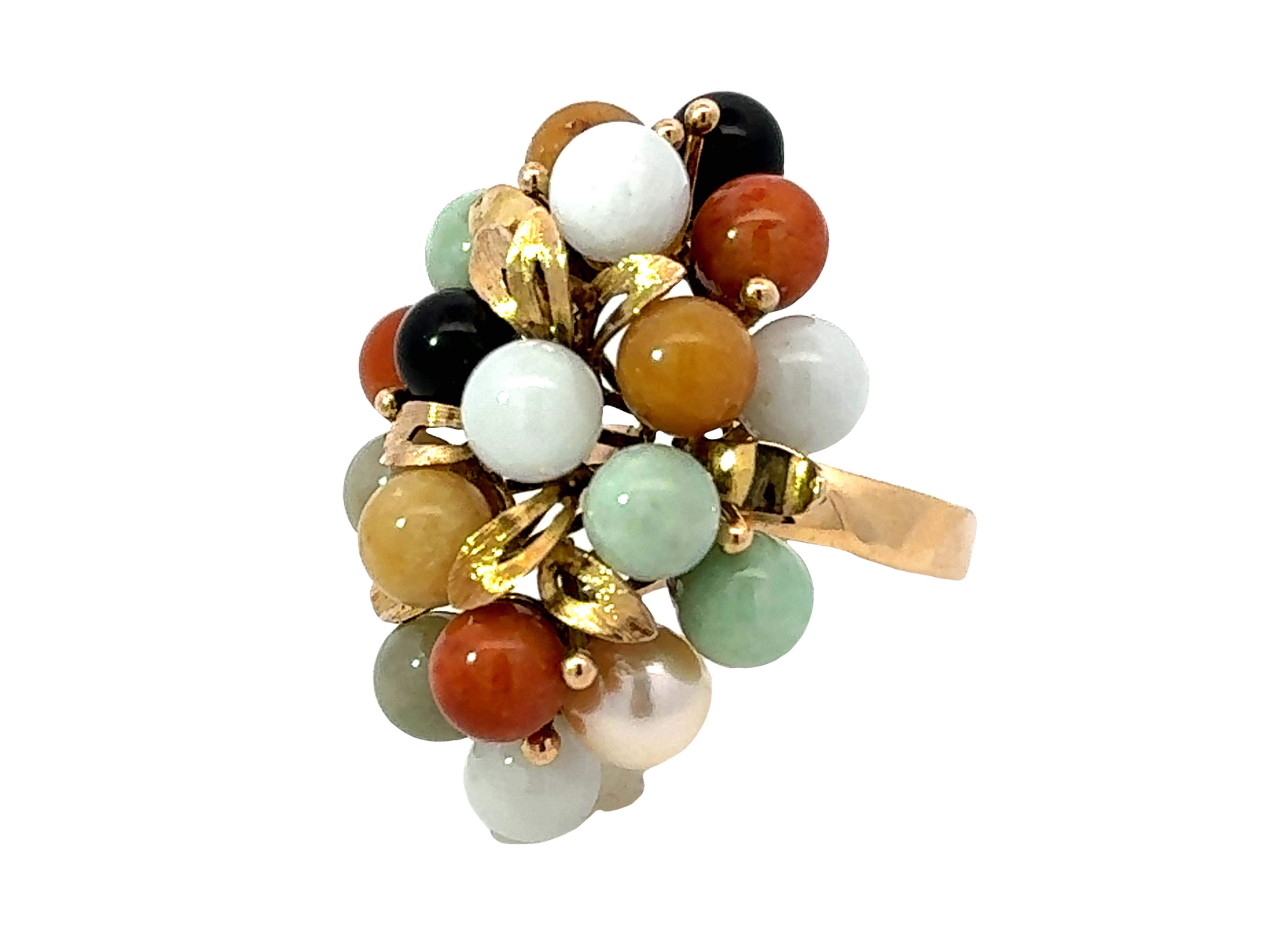 Oval Cut Round Multi Colored Jade Ring 14K Yellow Gold For Sale
