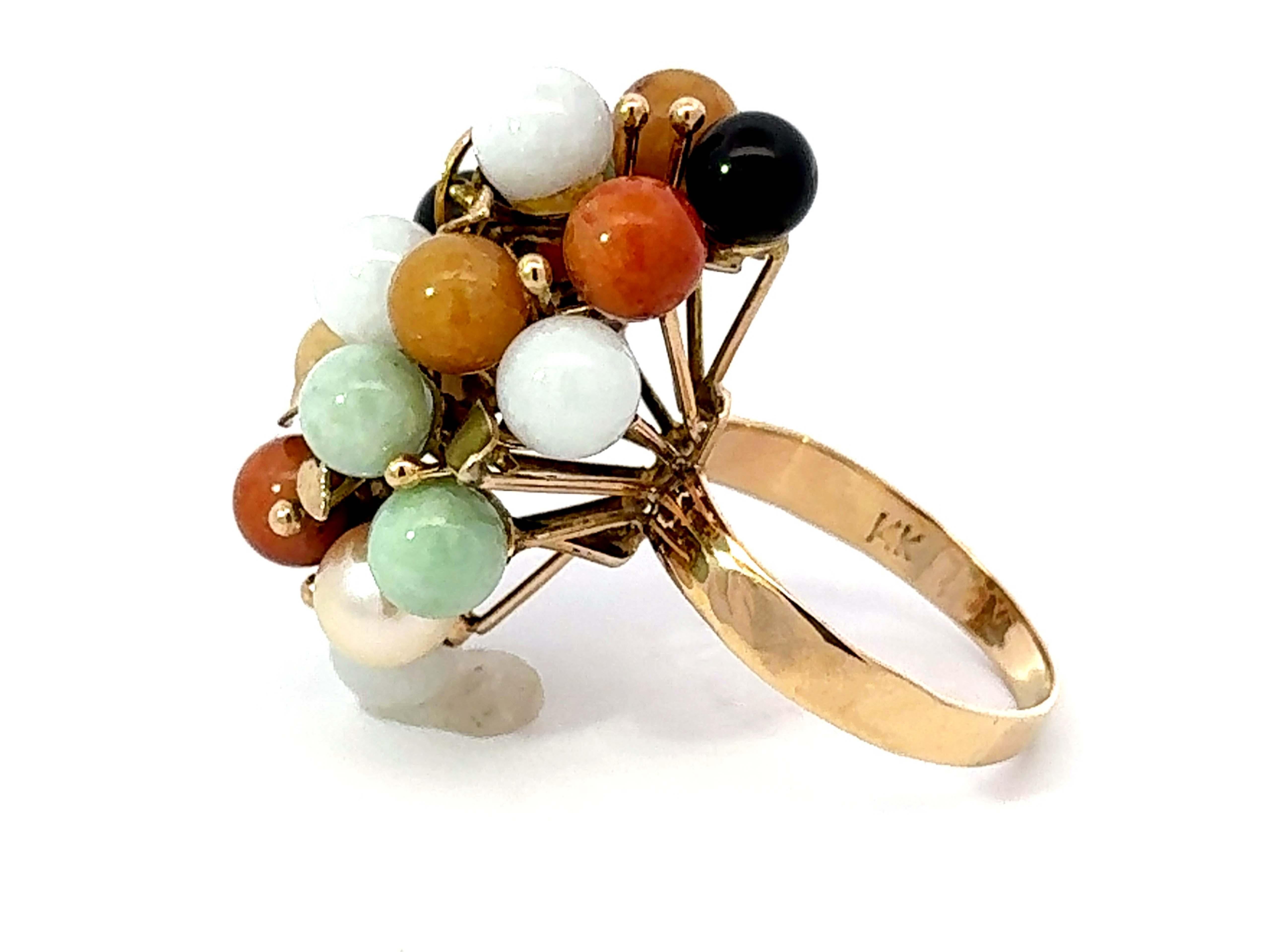 Women's Round Multi Colored Jade Ring 14K Yellow Gold For Sale