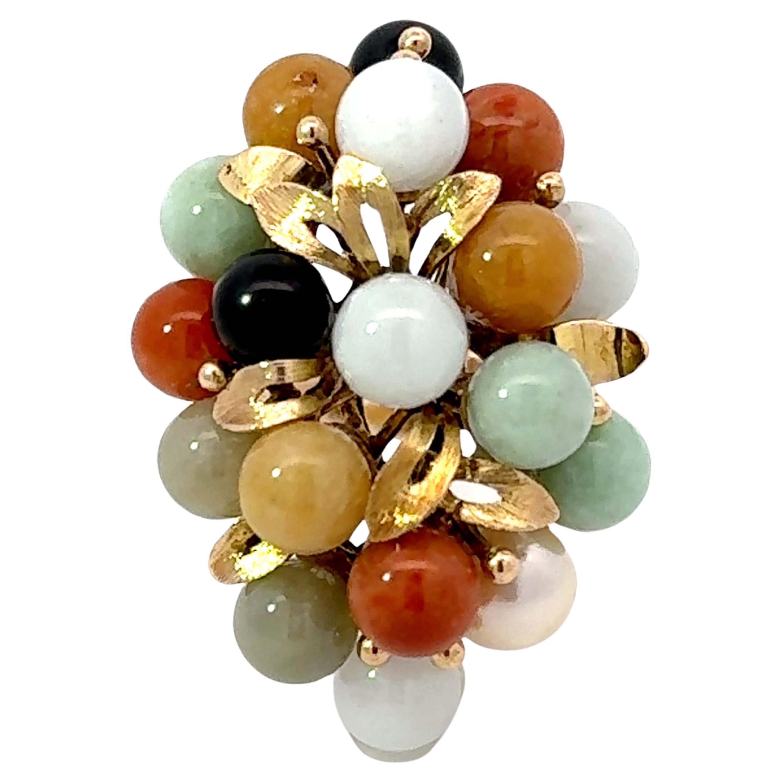 Round Multi Colored Jade Ring 14K Yellow Gold For Sale