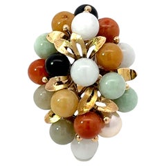 Retro Round Multi Colored Jade Ring 14K Yellow Gold