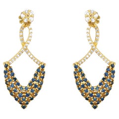 Round Multicolor Diamond Brilliant White Diamond Dangle Earrings 14K Yellow Gold