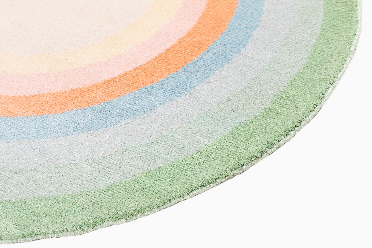 Hand-Knotted Round Multicolor Pastel Silk Wool Accessory Rug Frieda Bullseye by Joseph Carini