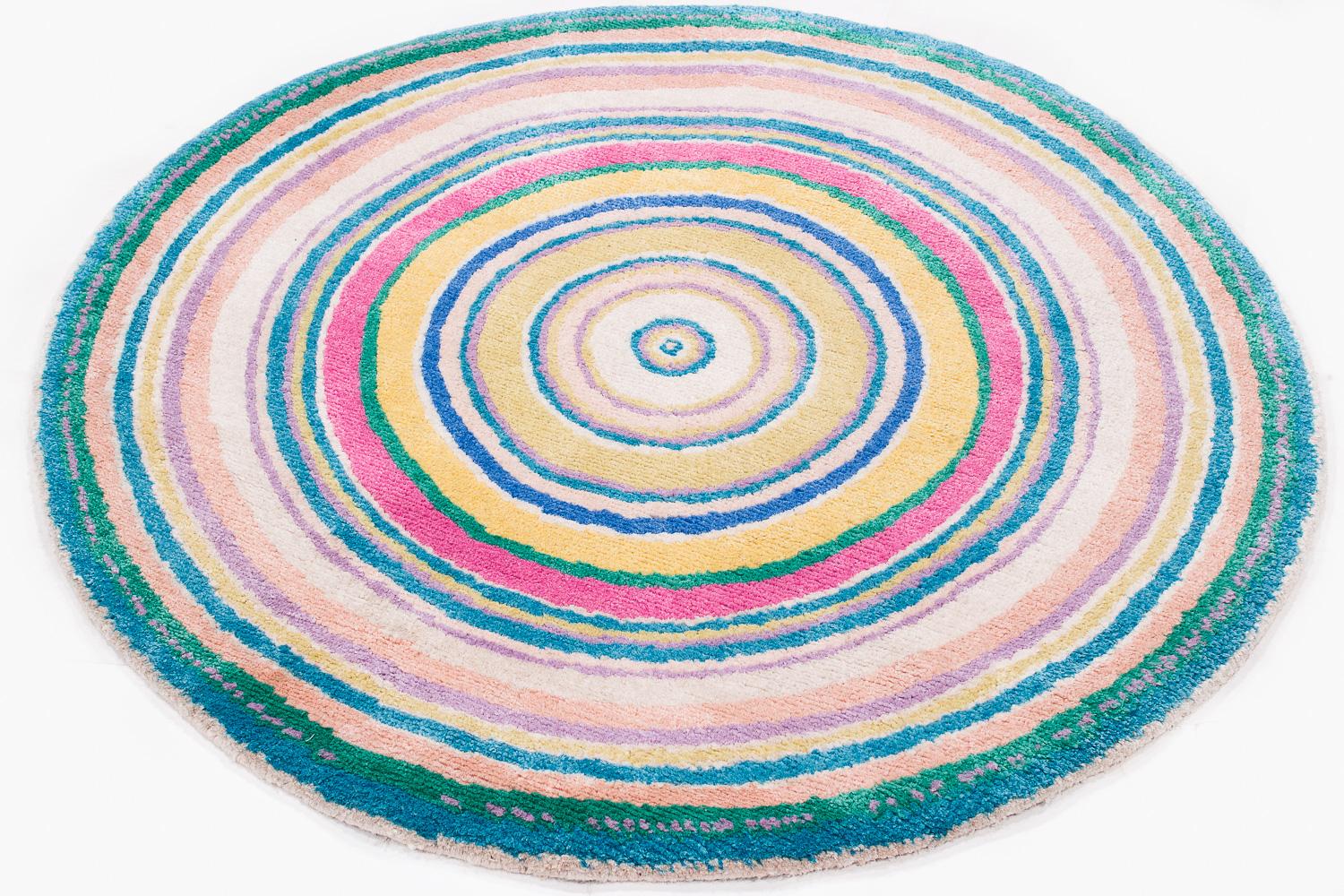 Modern Round Multicolor Rings Silk and Wool Accessory Rug Bullseye by Joseph Carini For Sale