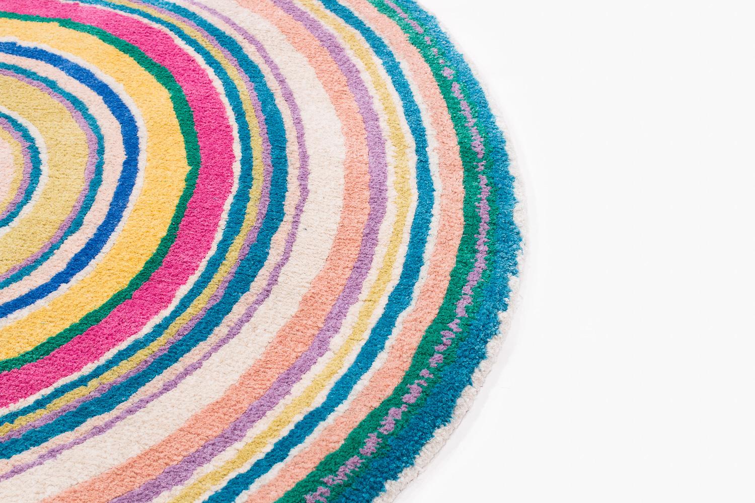 Nepalese Round Multicolor Rings Silk and Wool Accessory Rug Bullseye by Joseph Carini For Sale