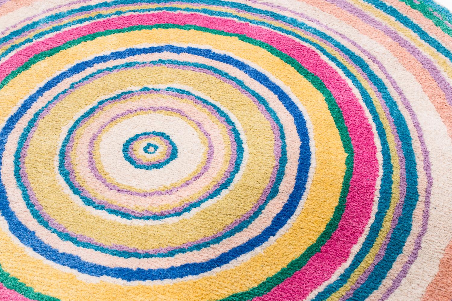 Hand-Knotted Round Multicolor Rings Silk and Wool Accessory Rug Bullseye by Joseph Carini For Sale
