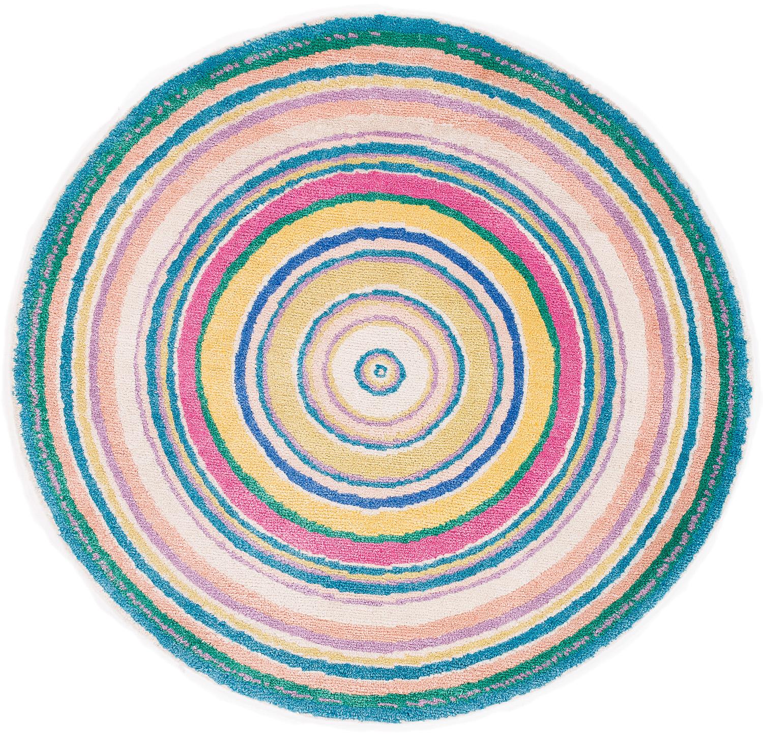 Round Multicolor Rings Silk and Wool Accessory Rug Bullseye by Joseph Carini For Sale 2