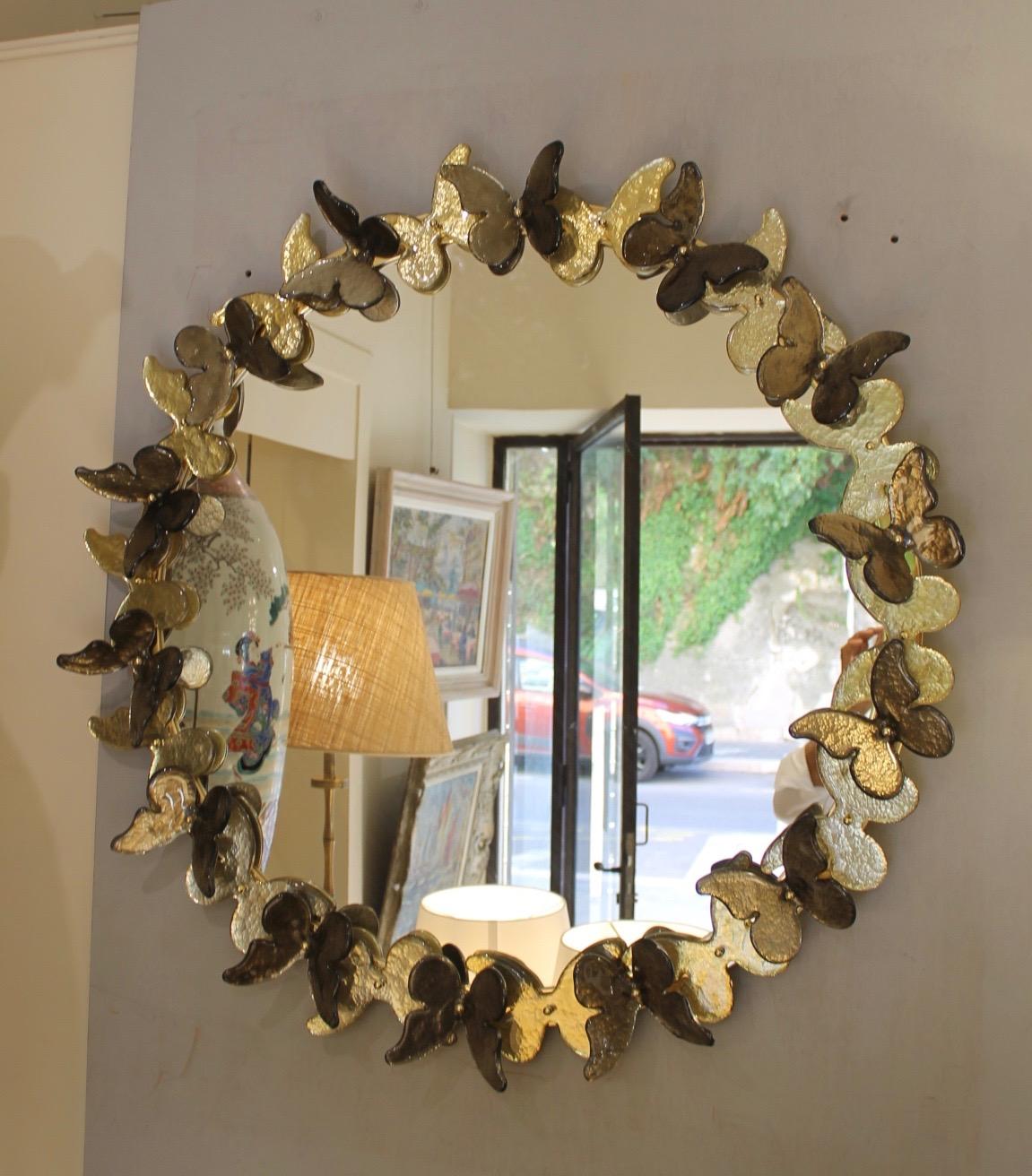 Modern Round Murano mirror (Venice), golden butterflies For Sale