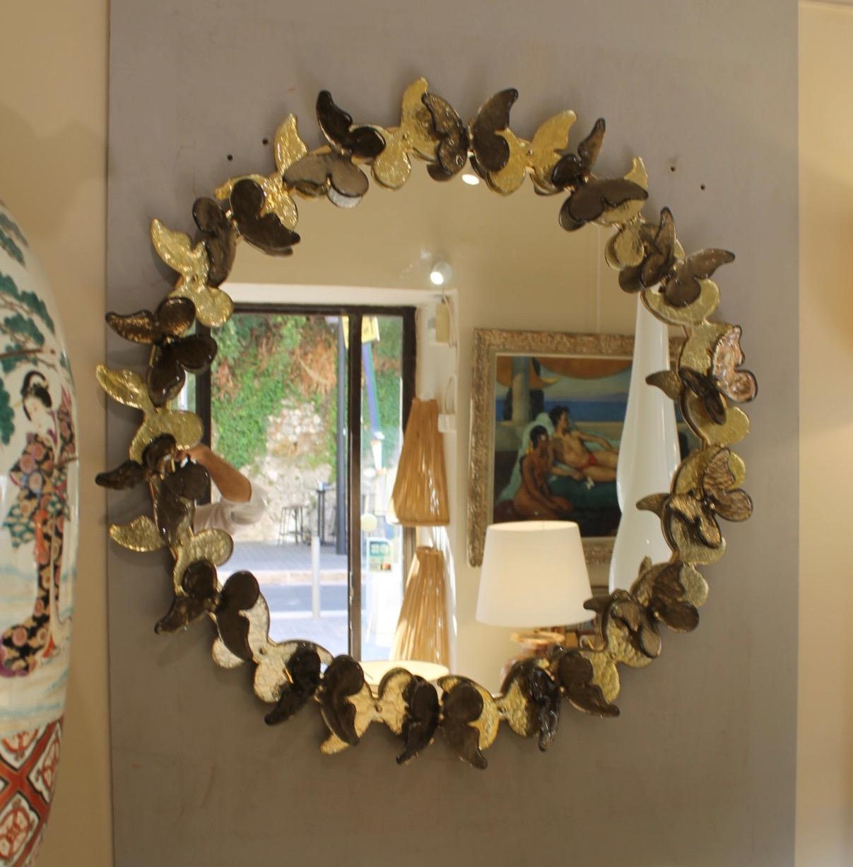 Italian Round Murano mirror (Venice), golden butterflies For Sale