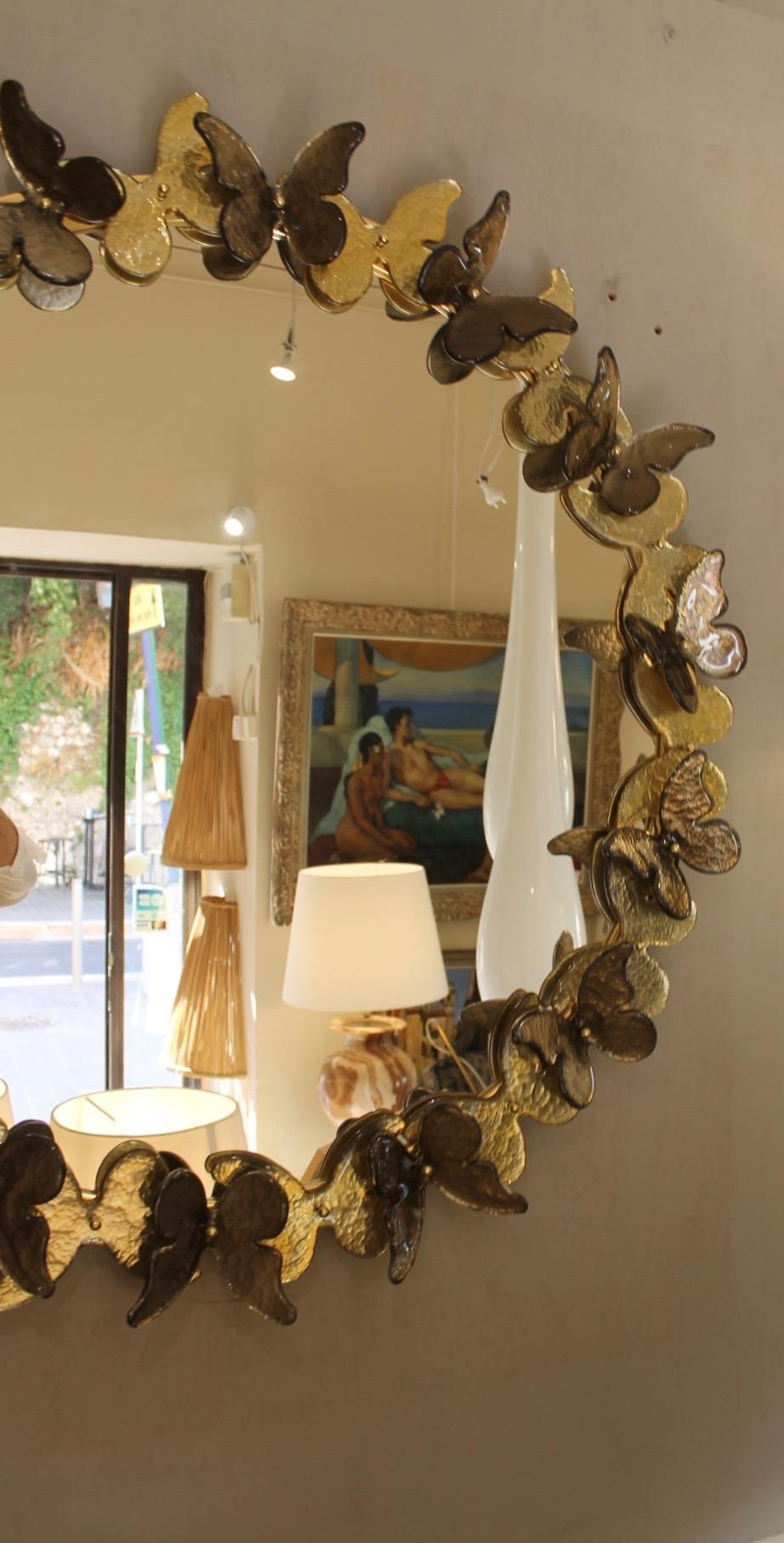 Round Murano mirror (Venice), golden butterflies In New Condition For Sale In Nice, FR