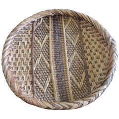 Round Natural and Brown Woven Tribal Basket with Braided Rim