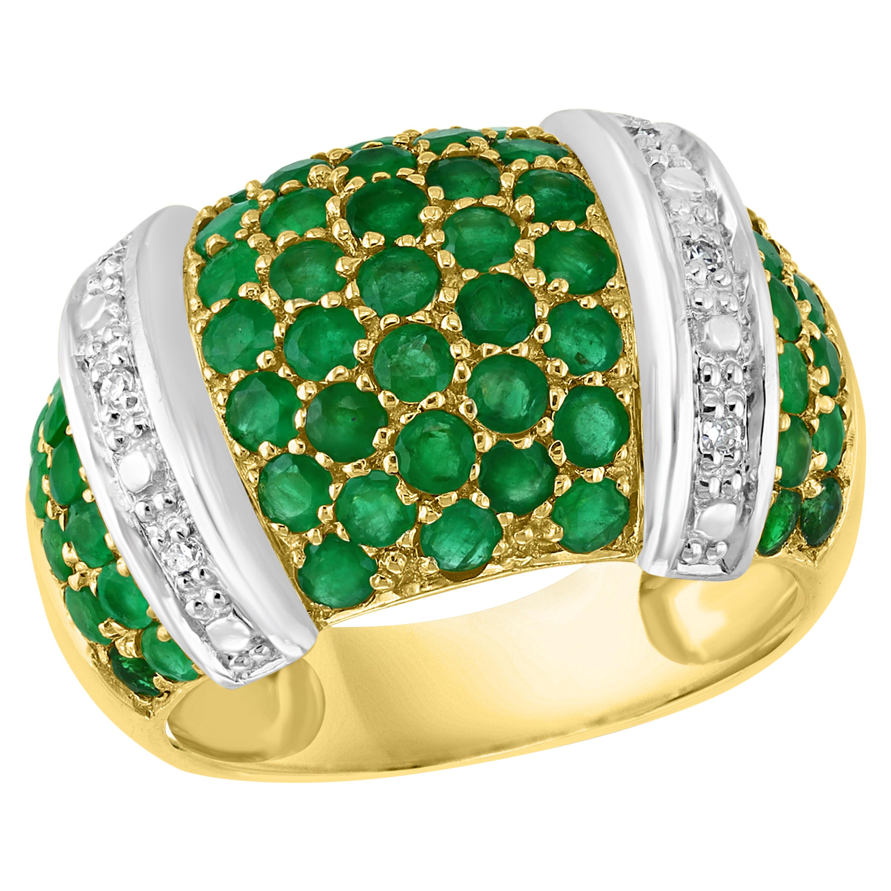 Round Natural Emeralds and Diamond Cocktail Ring 14 Karat Yellow Gold