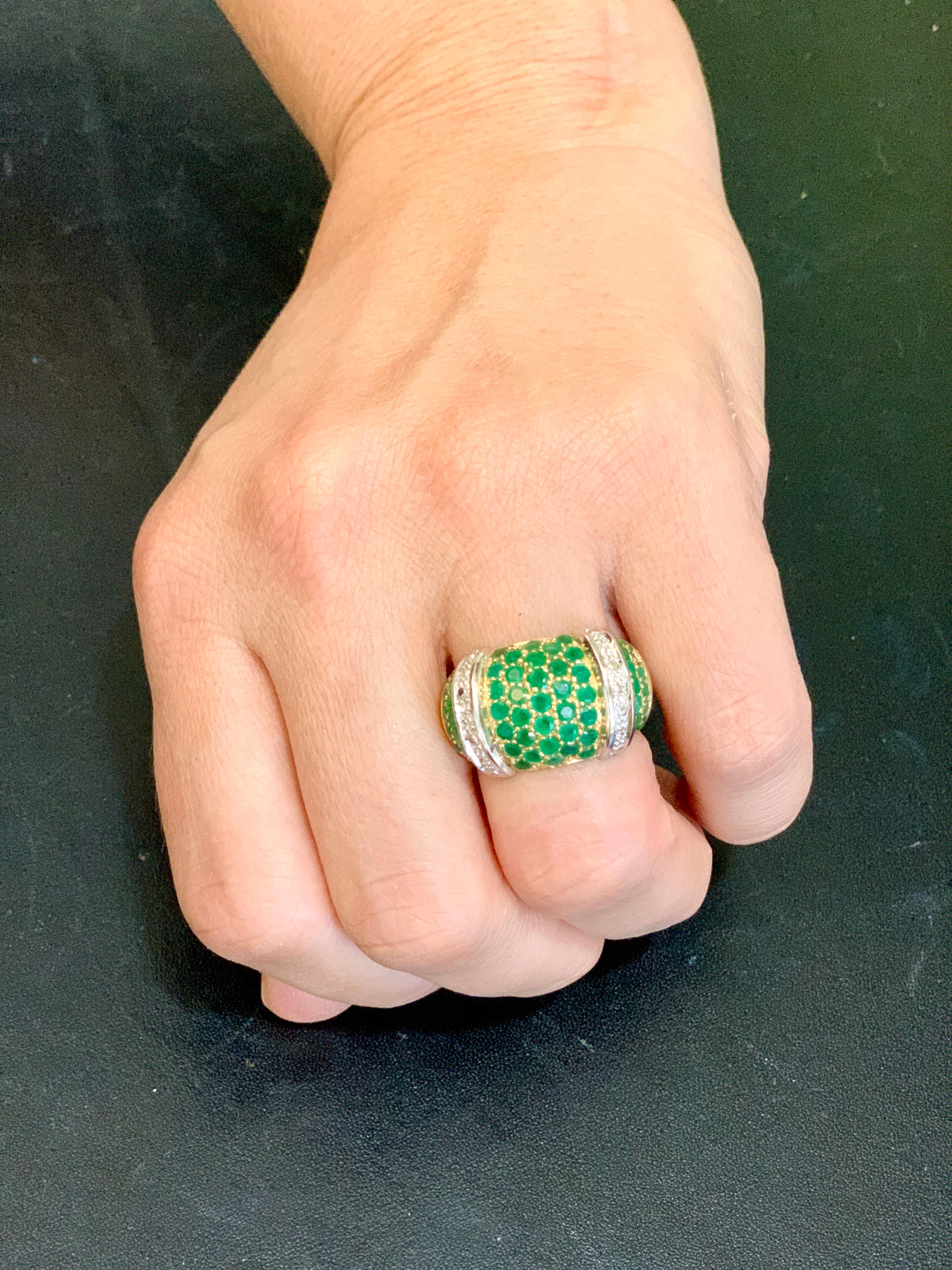 Round Cut Round Natural Emeralds and Diamond Cocktail Ring 14 Karat Yellow Gold