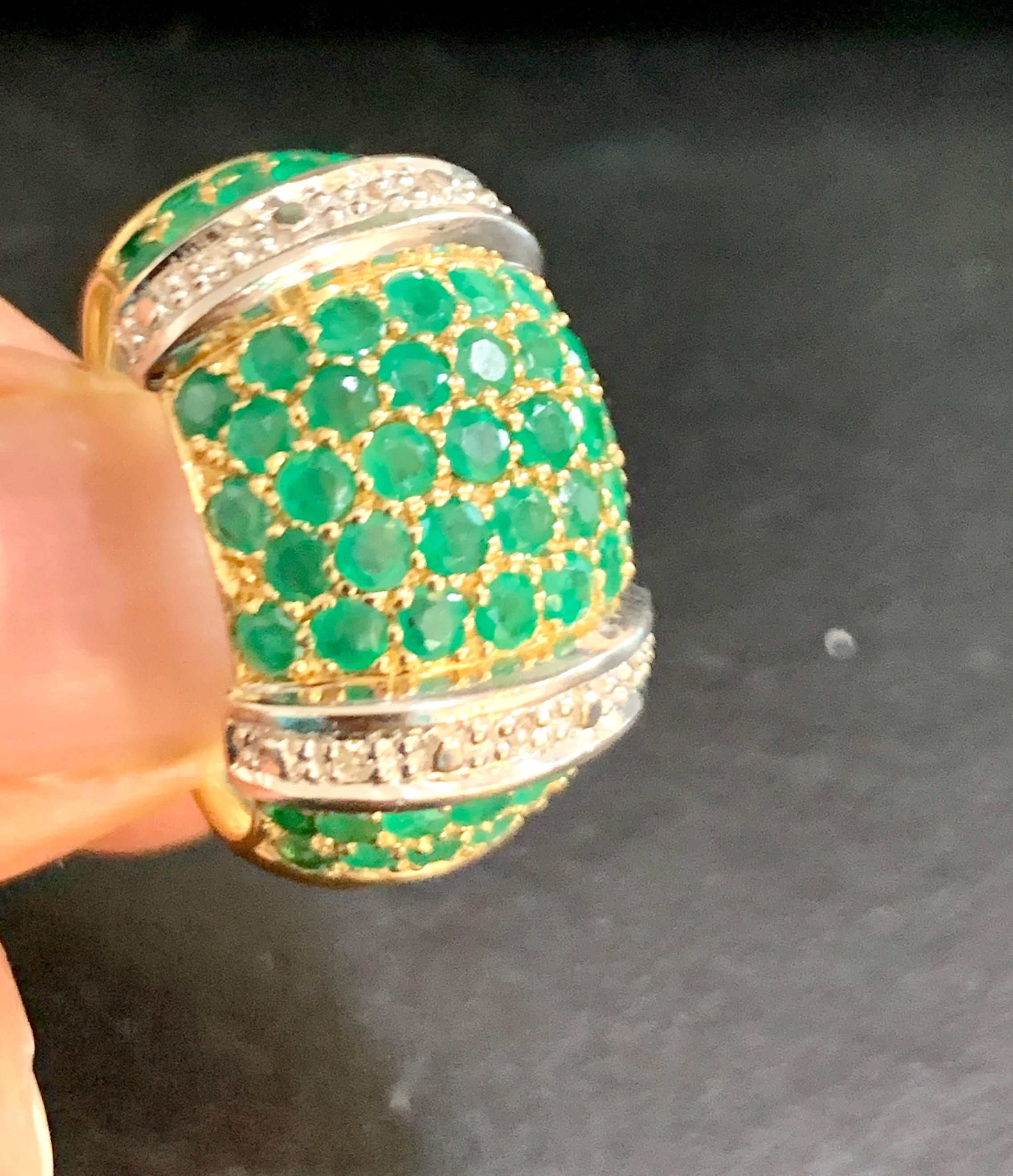 Women's Round Natural Emeralds and Diamond Cocktail Ring 14 Karat Yellow Gold
