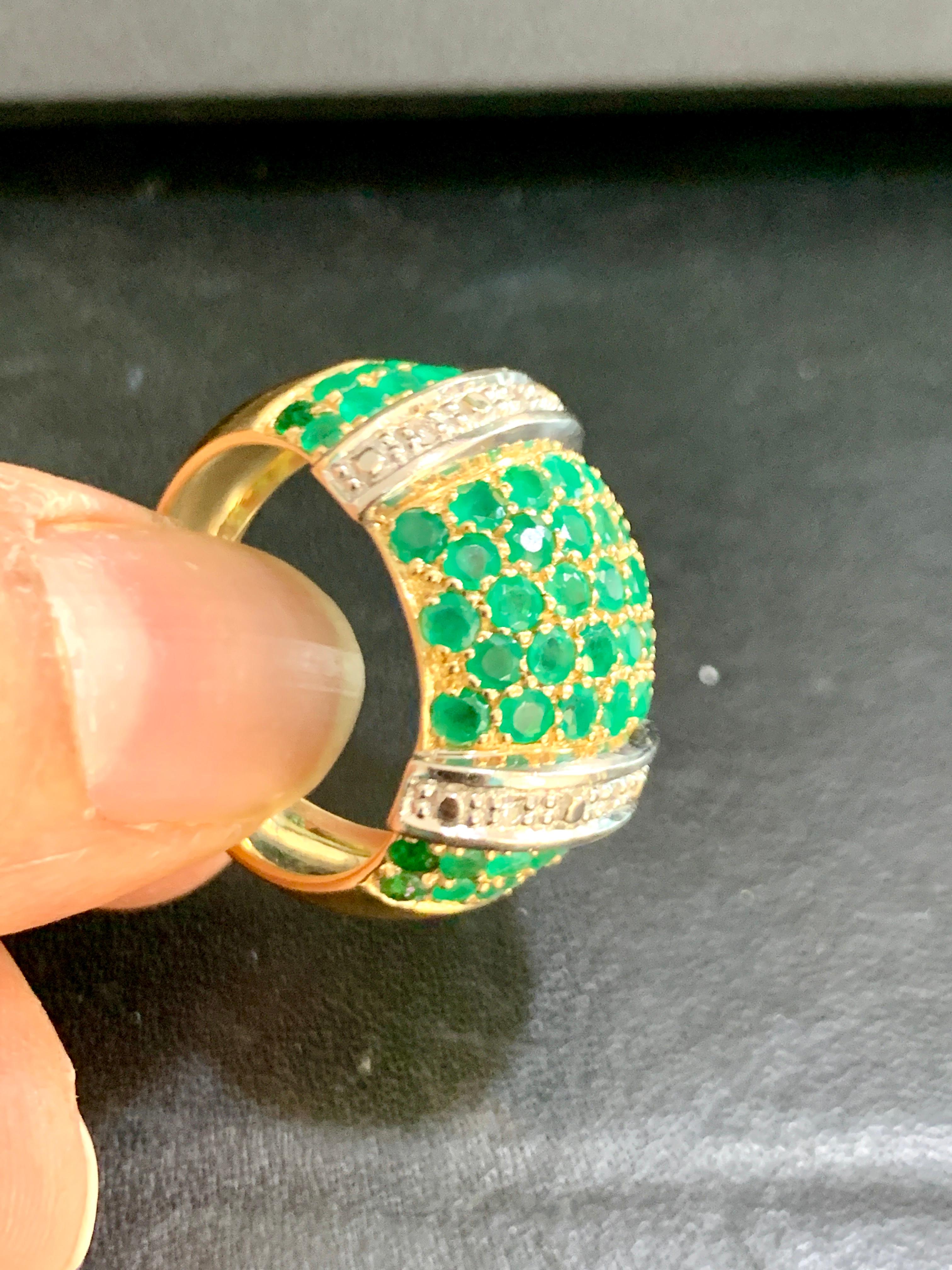 Round Natural Emeralds and Diamond Cocktail Ring 14 Karat Yellow Gold 1