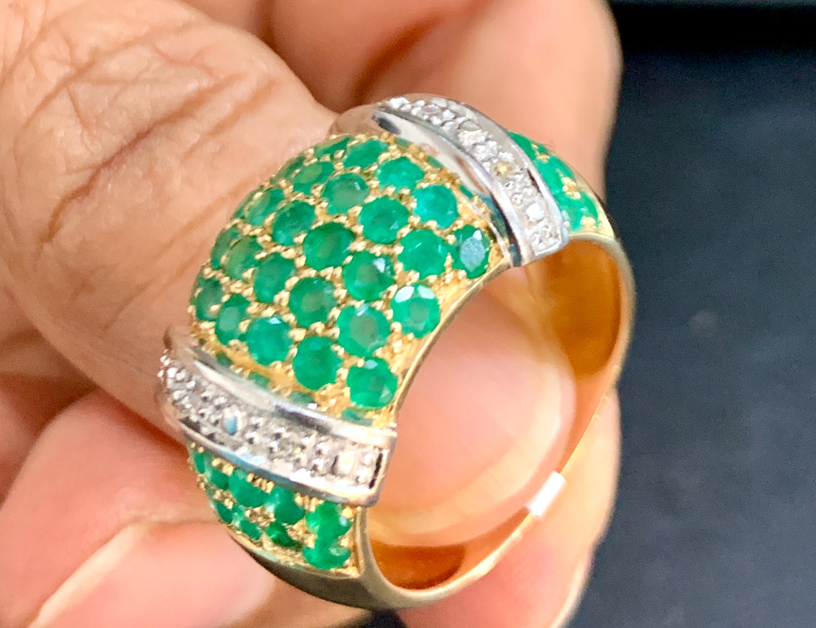 Round Natural Emeralds and Diamond Cocktail Ring 14 Karat Yellow Gold 2