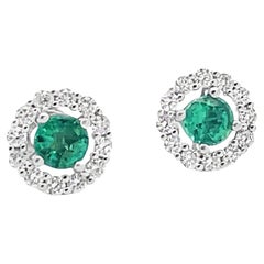 Round Natural Emerald Stud Earrings 0.50 Carats with Halo Diamonds and Pushbacks