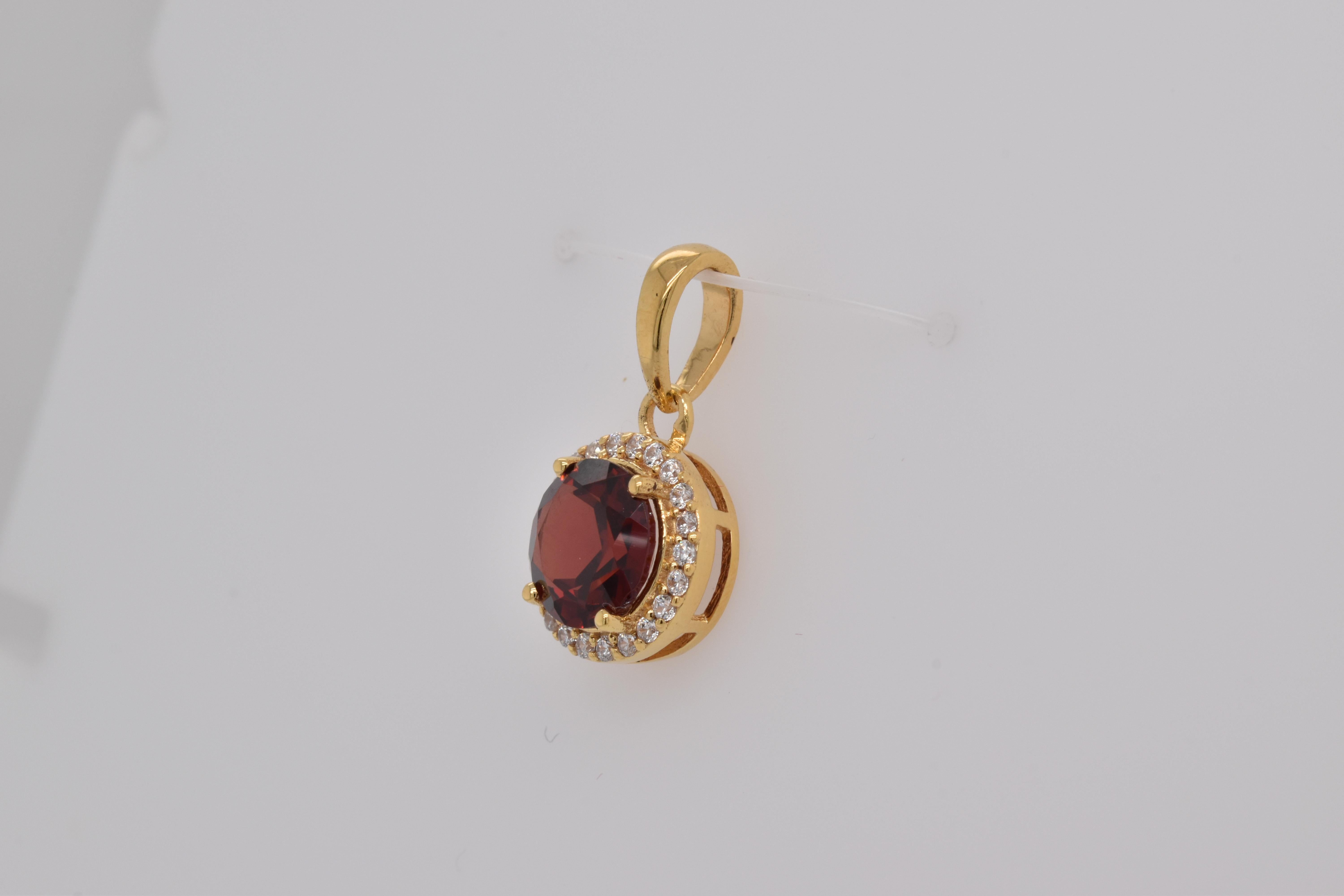 Round Cut Round  Natural Garnet And CZ Yellow Gold Over Sterling Silver Pendant For Sale
