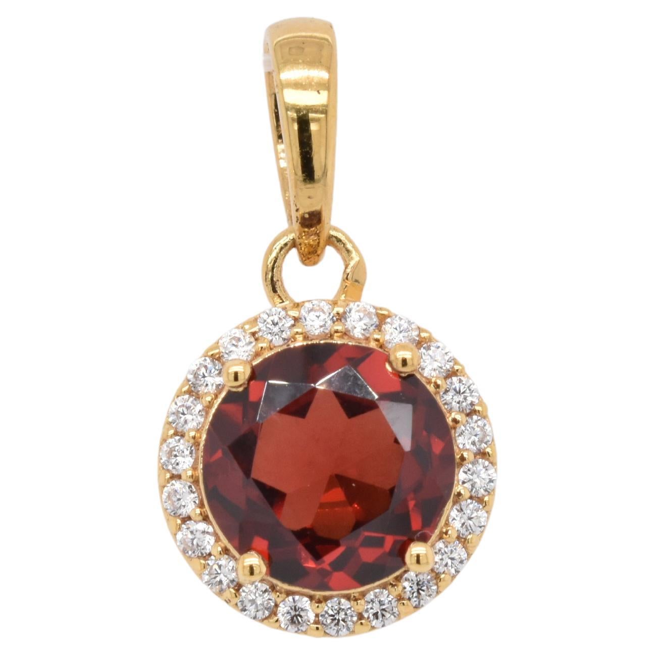 Round  Natural Garnet And CZ Yellow Gold Over Sterling Silver Pendant