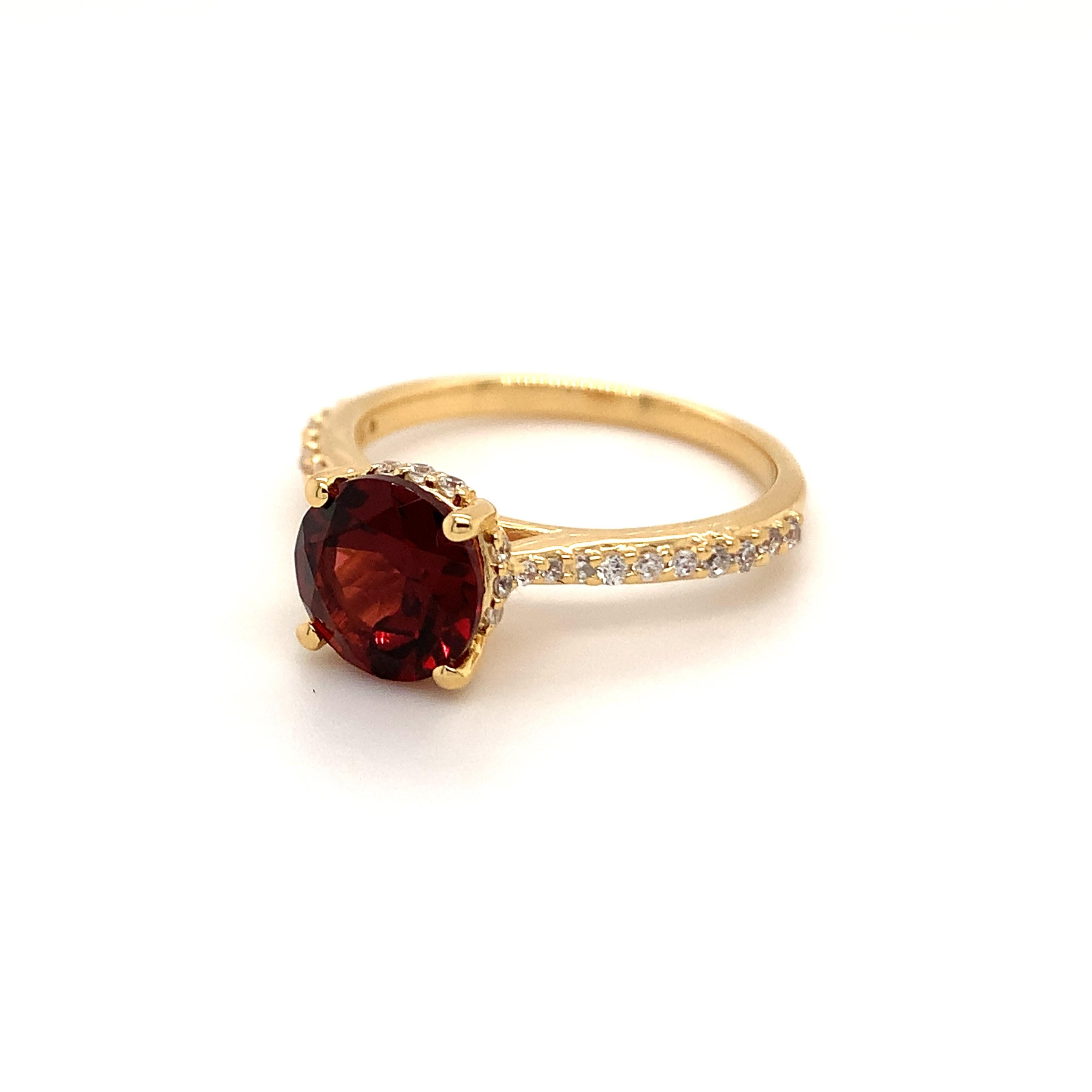 Round Cut Round Natural Garnet And CZ Yellow Gold Over Sterling Silver Ring For Sale