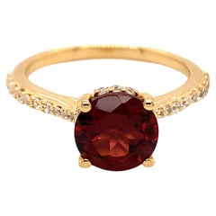 Round Natural Garnet with Cz Yellow Gold over Sterling Silver Ring