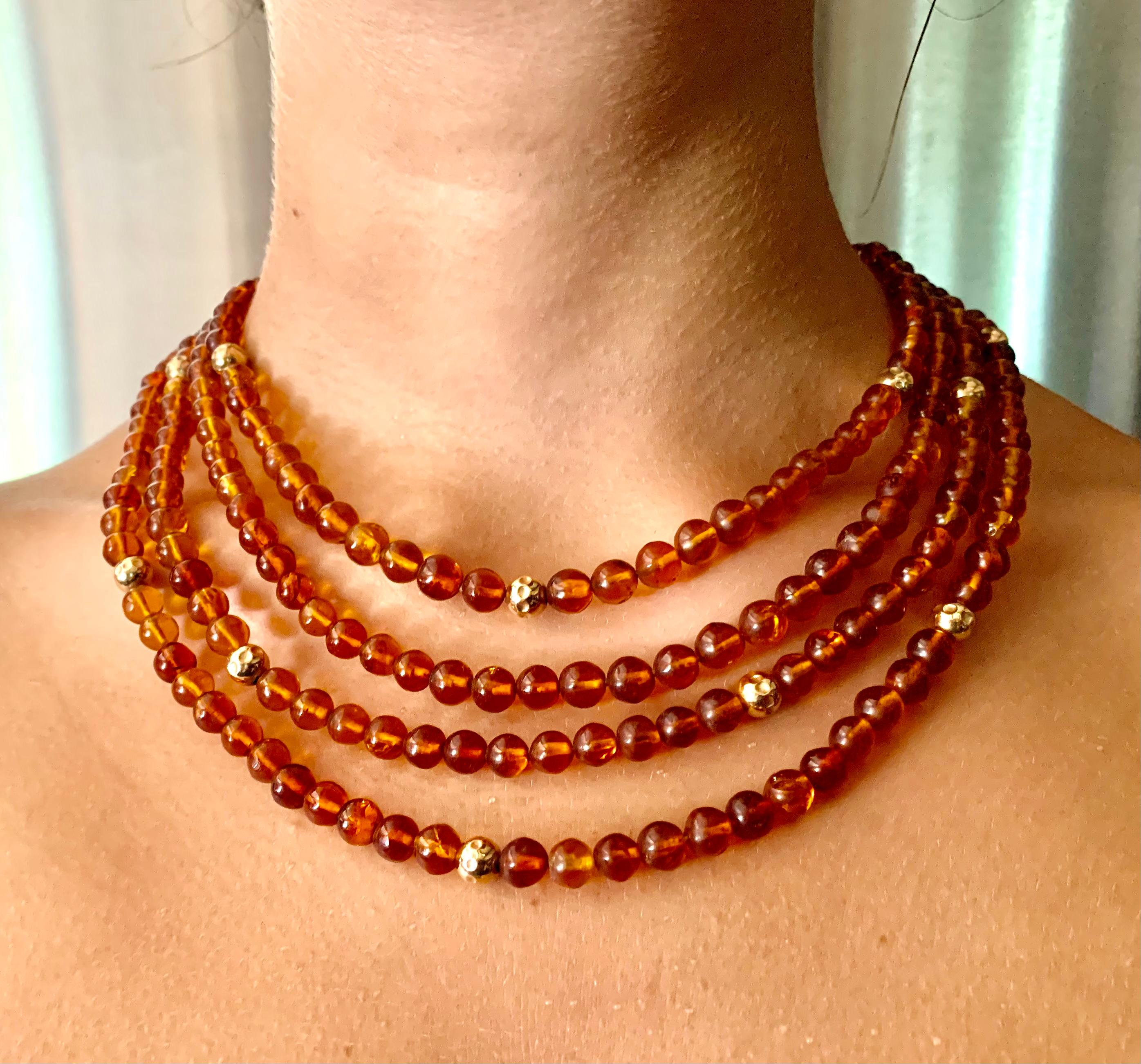 Round Natural Honey Amber 14K Hammered Gold Bead Multi-Strand Necklace For Sale 3