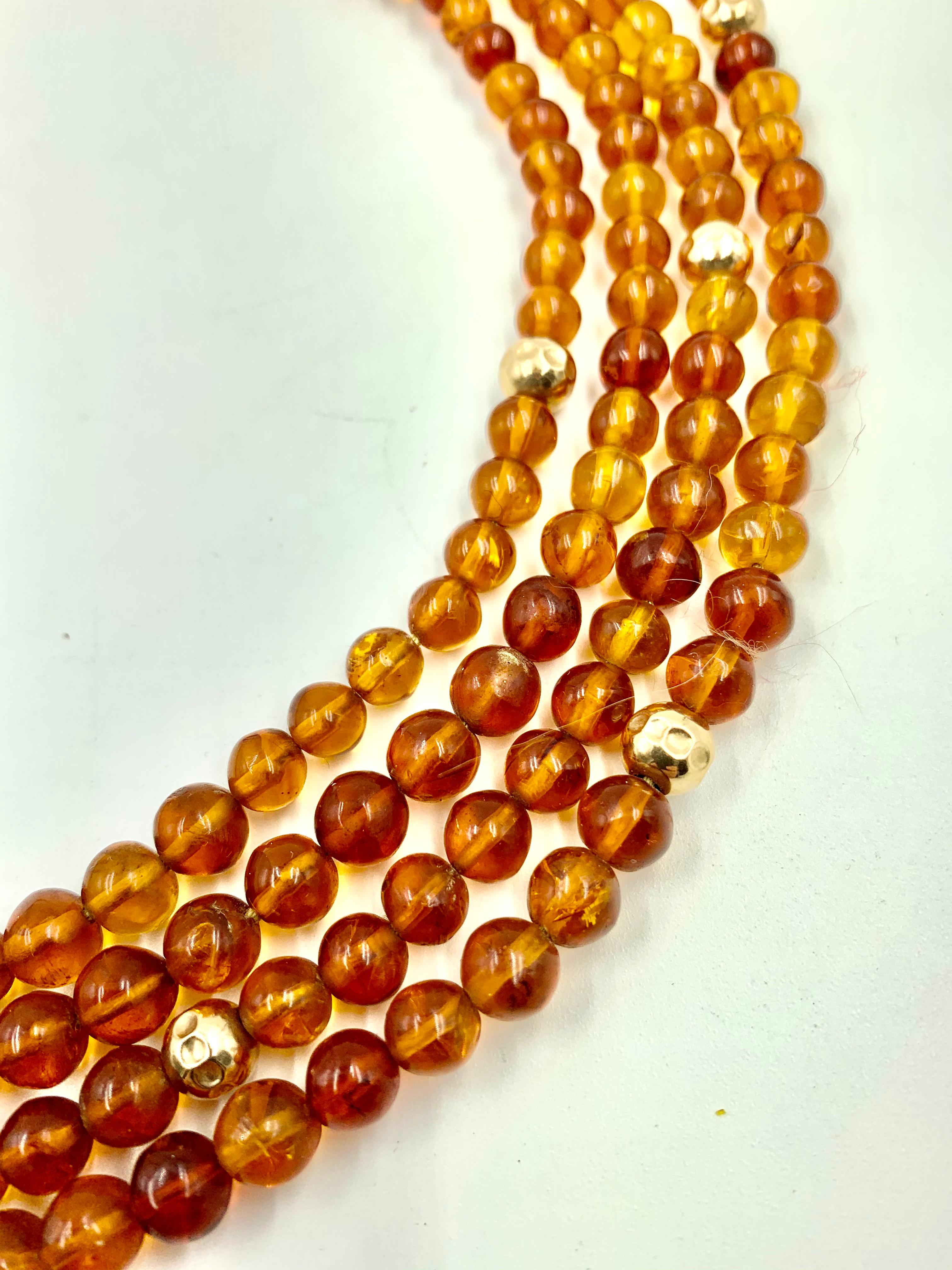 Round Cut Round Natural Honey Amber 14K Hammered Gold Bead Multi-Strand Necklace For Sale