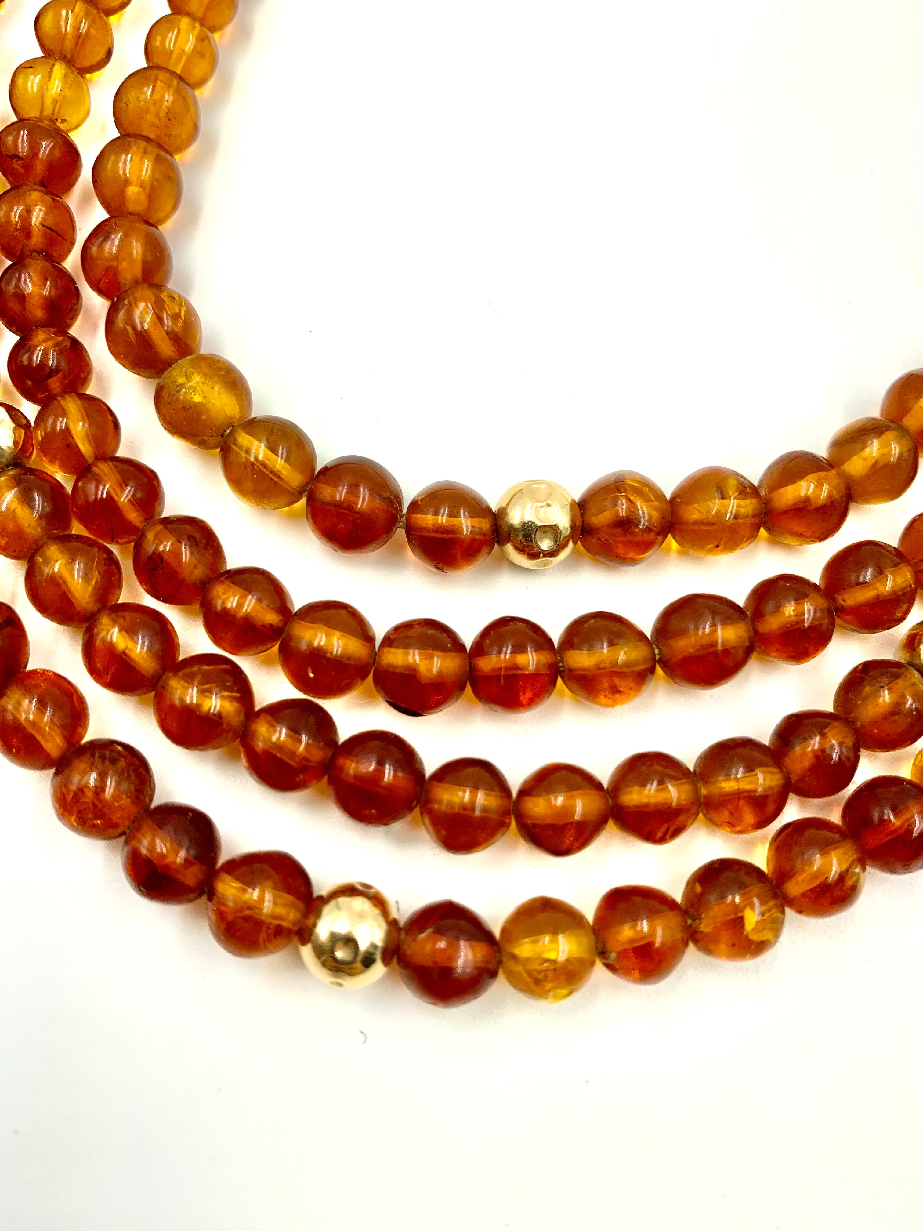 Women's or Men's Round Natural Honey Amber 14K Hammered Gold Bead Multi-Strand Necklace For Sale