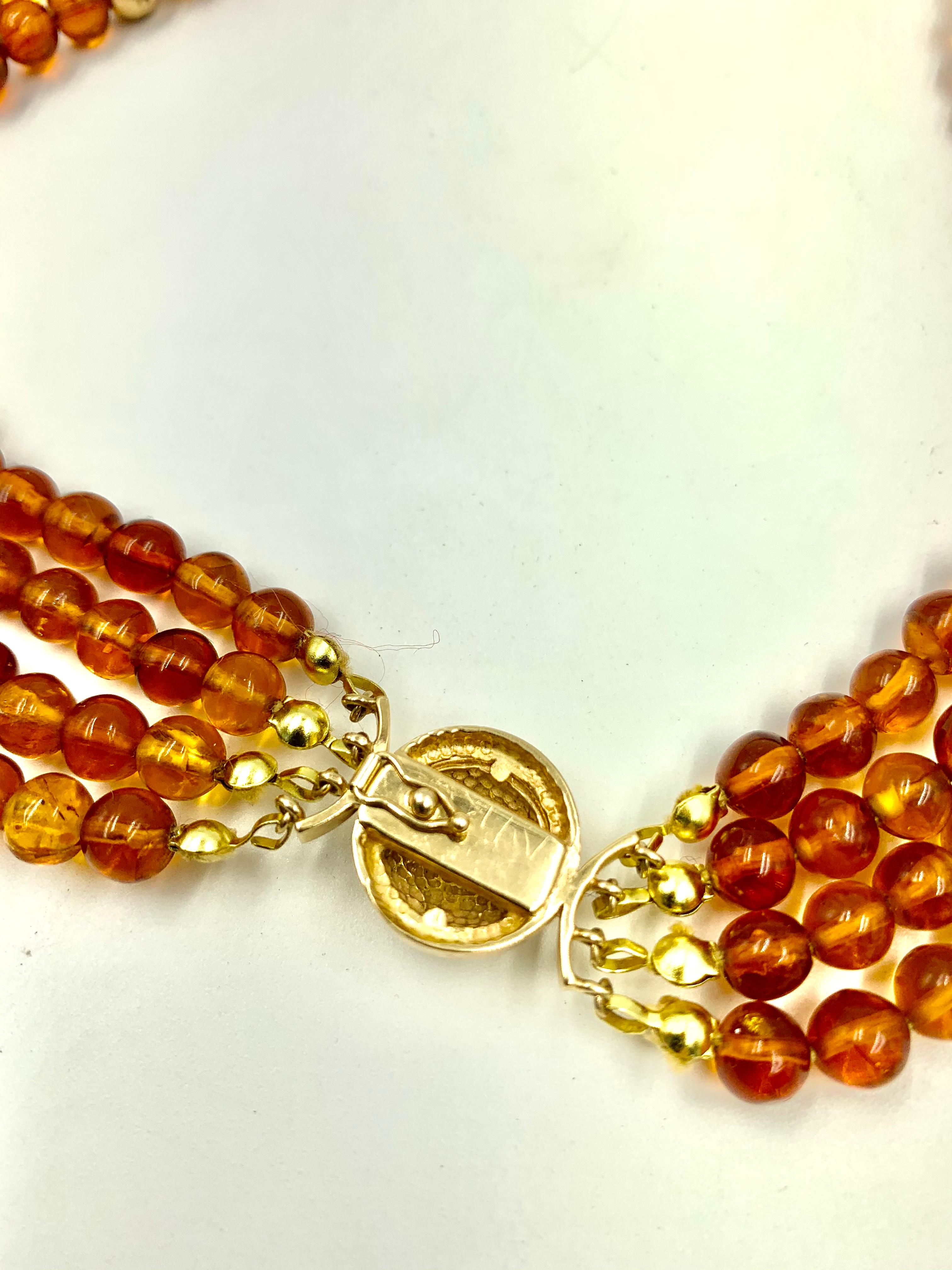 Round Natural Honey Amber 14K Hammered Gold Bead Multi-Strand Necklace For Sale 1