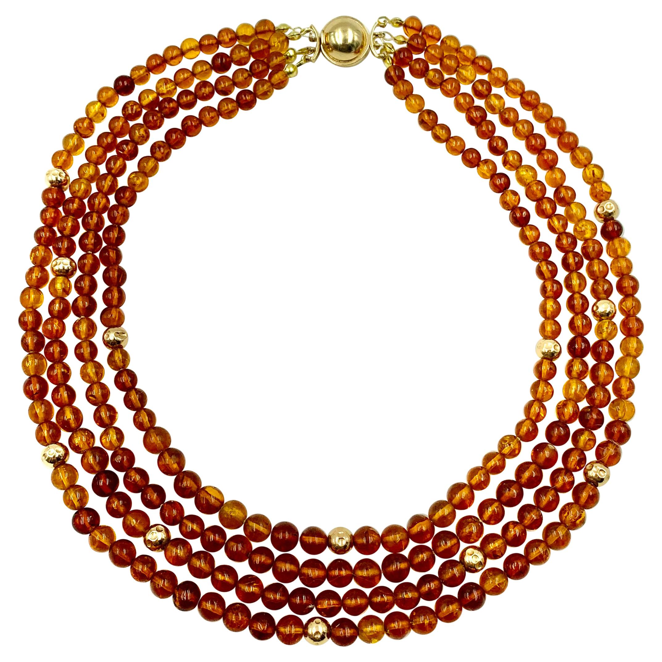 Round Natural Honey Amber 14K Hammered Gold Bead Multi-Strand Necklace For Sale