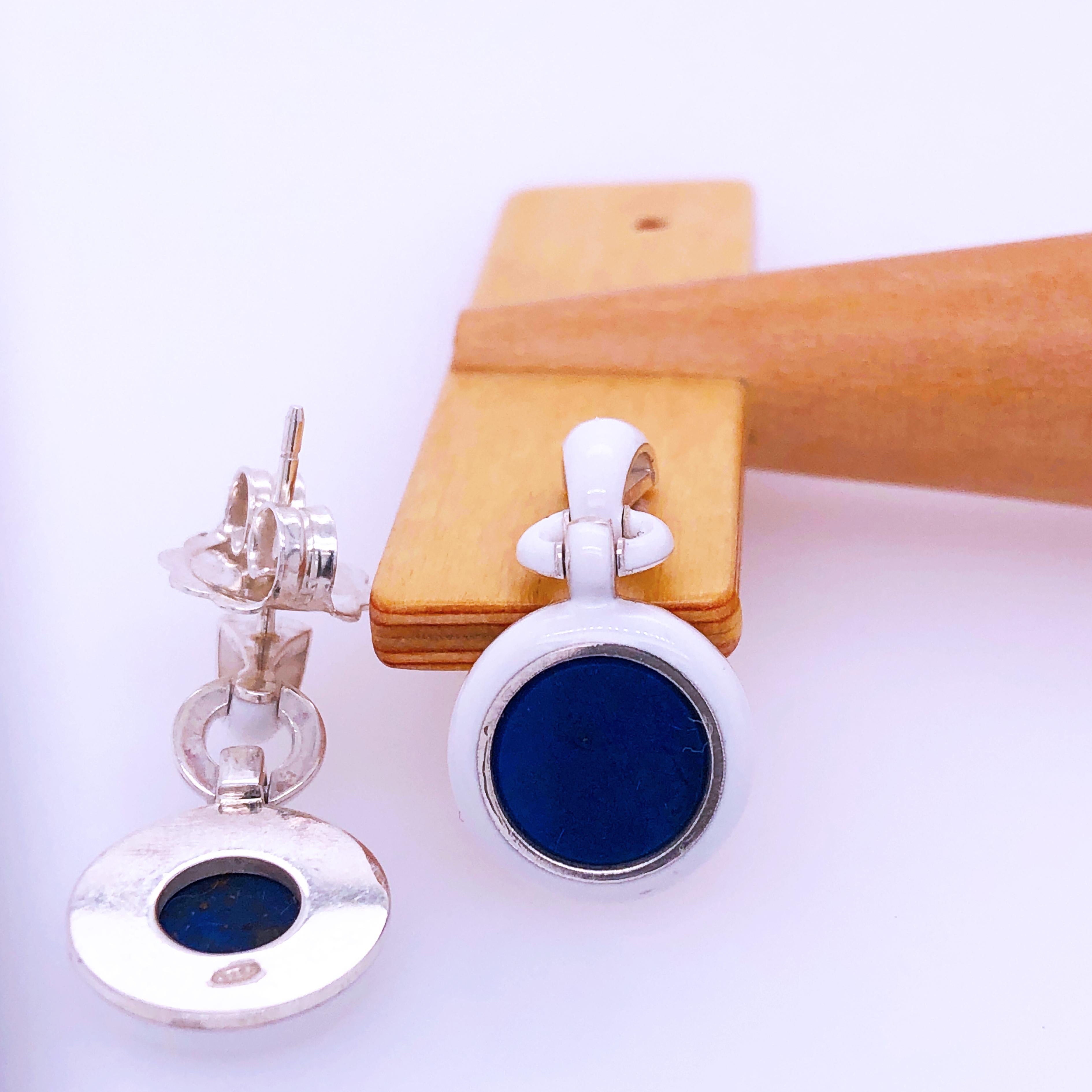 Round Cut Berca Natural Lapis Disk White Hand Enameled Sterling Silver Dangle Earrings