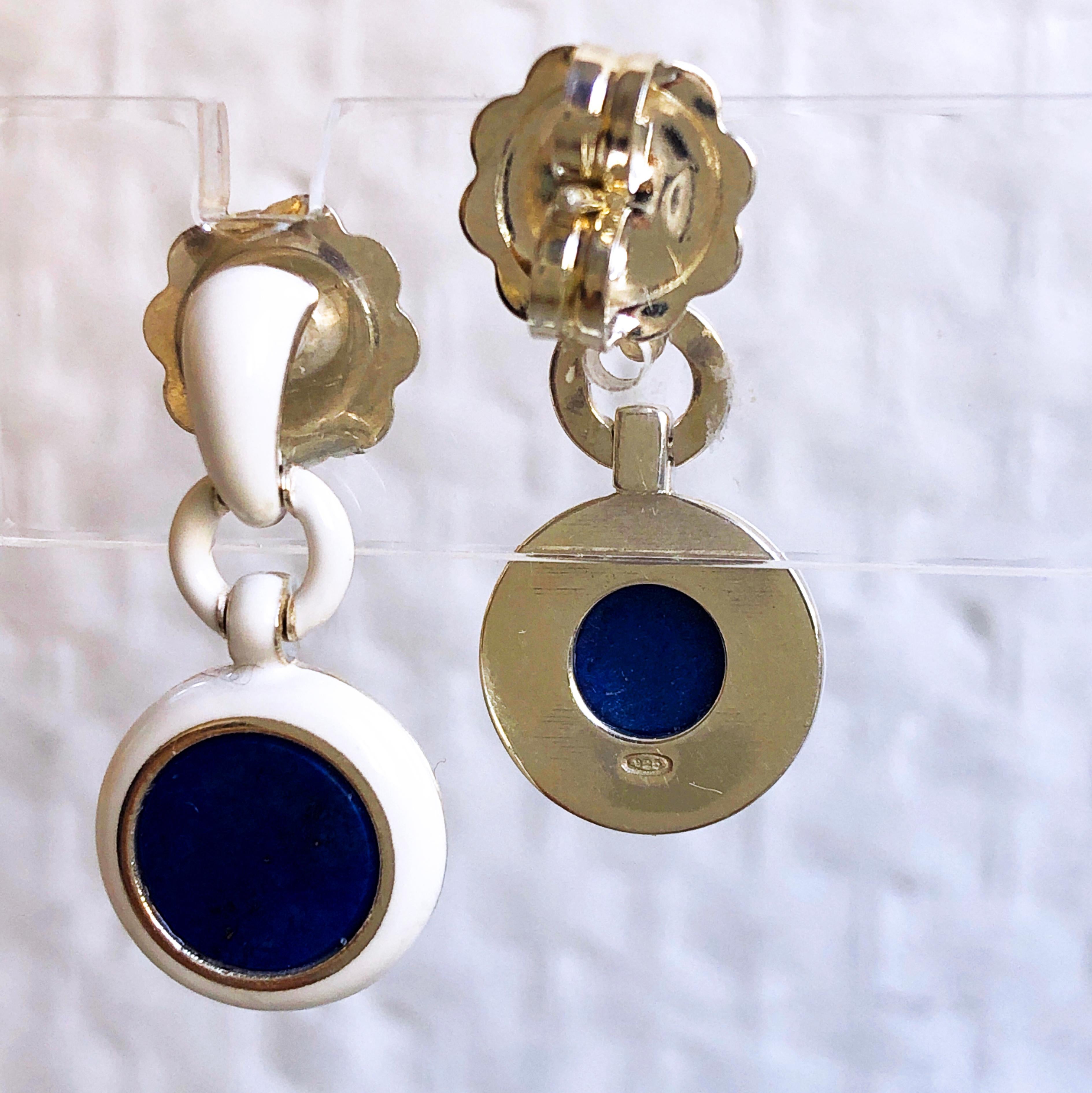 Berca Natural Lapis Disk White Hand Enameled Sterling Silver Dangle Earrings In New Condition In Valenza, IT