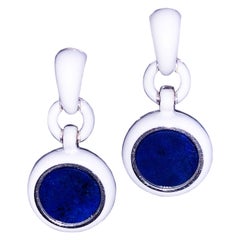 Berca Natural Lapis Disk White Hand Enameled Sterling Silver Dangle Earrings