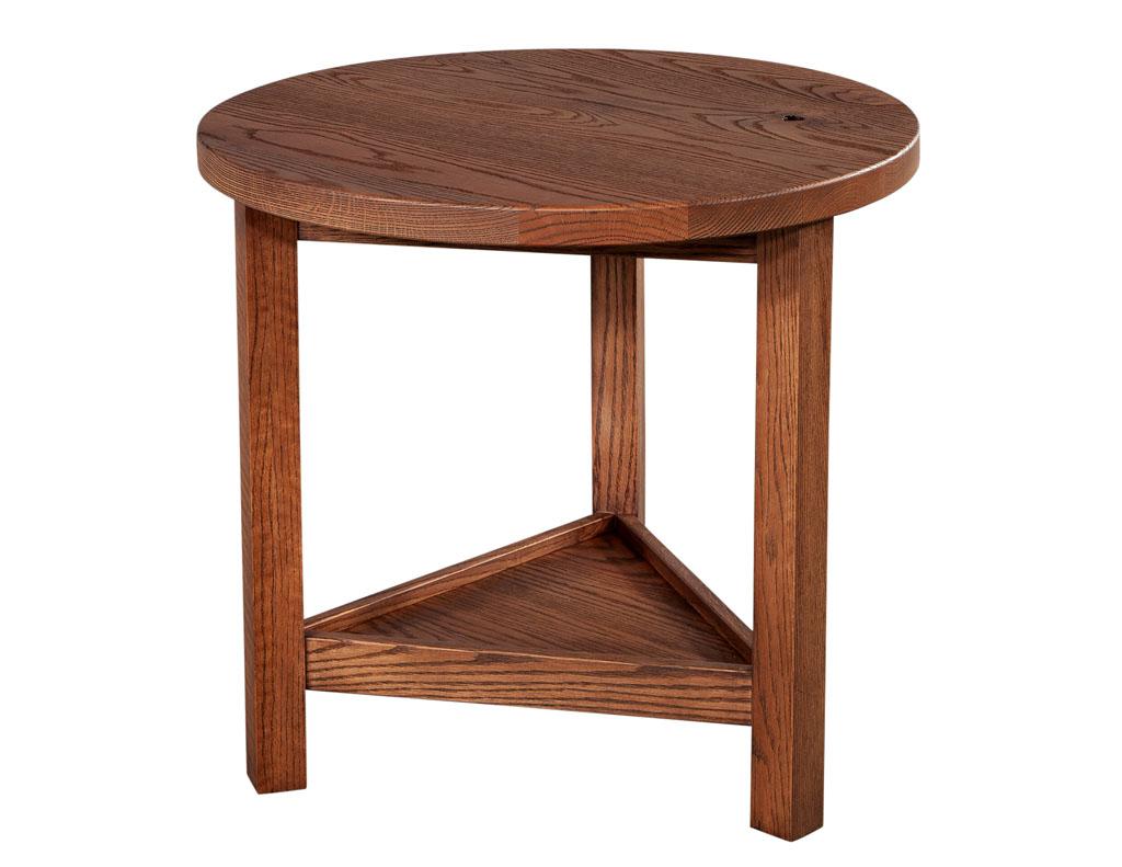 Round Natural Oak Side Table by Ellen Degeneres Forge Side Table. Unique 2 tier triangular pedestal design with natural knotted oak features. Finished in a natural light brown oak. Price includes complimentary curb side delivery to the continental