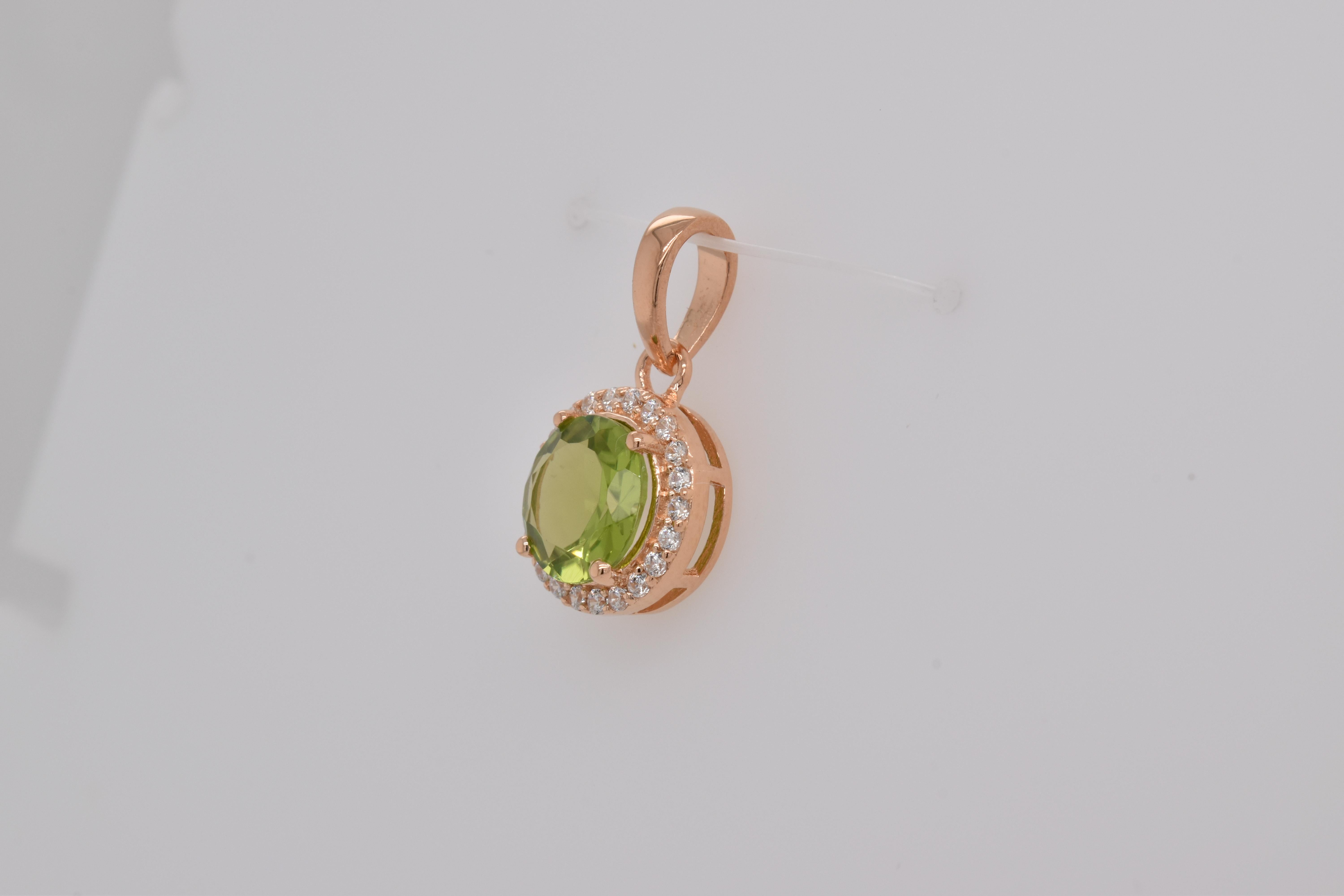 Round Cut Round  Natural Peridot And CZ Rose Gold Over Sterling Silver Pendant For Sale