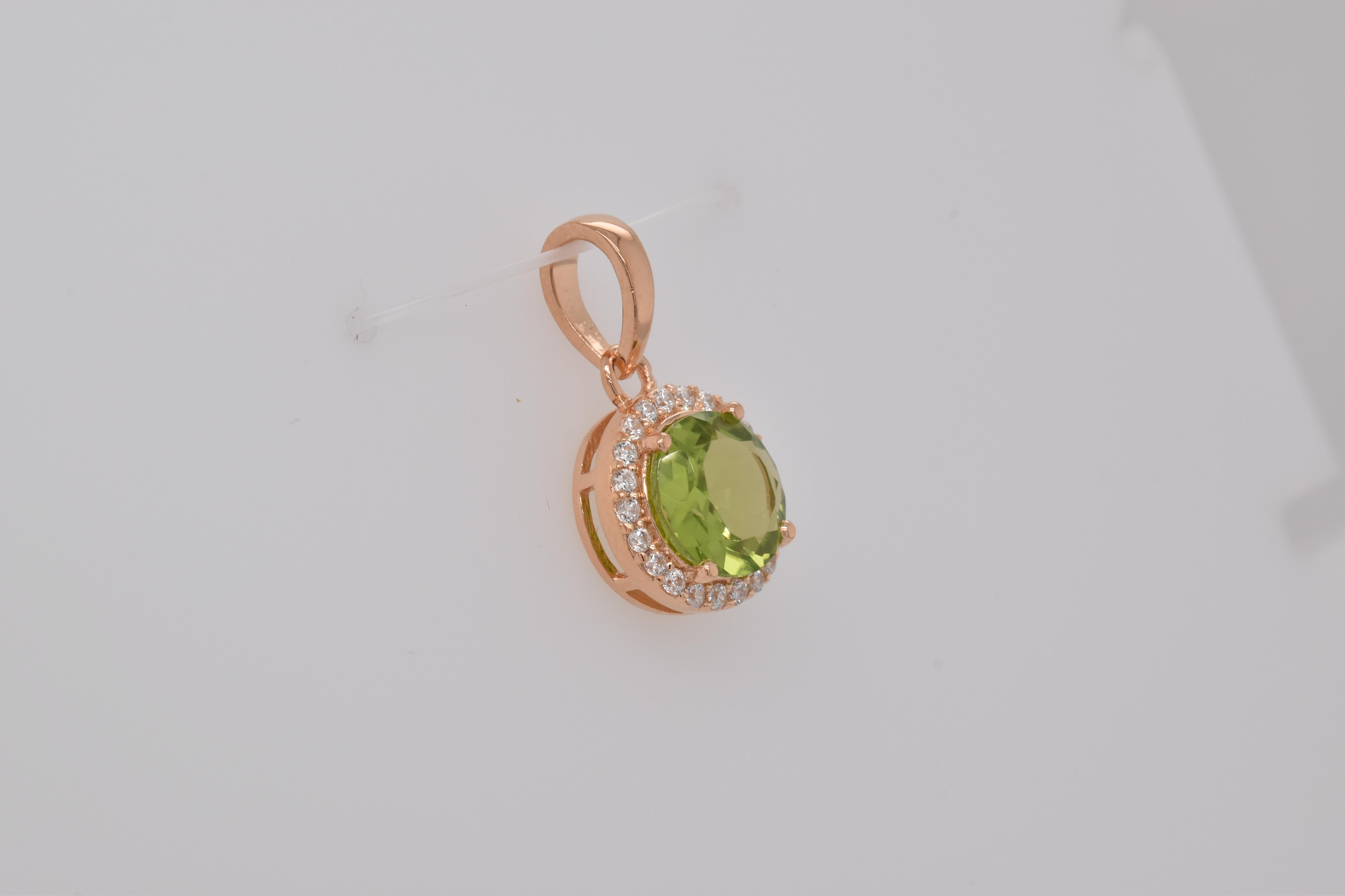 Round  Natural Peridot And CZ Rose Gold Over Sterling Silver Pendant In New Condition For Sale In Fort Lee, NJ