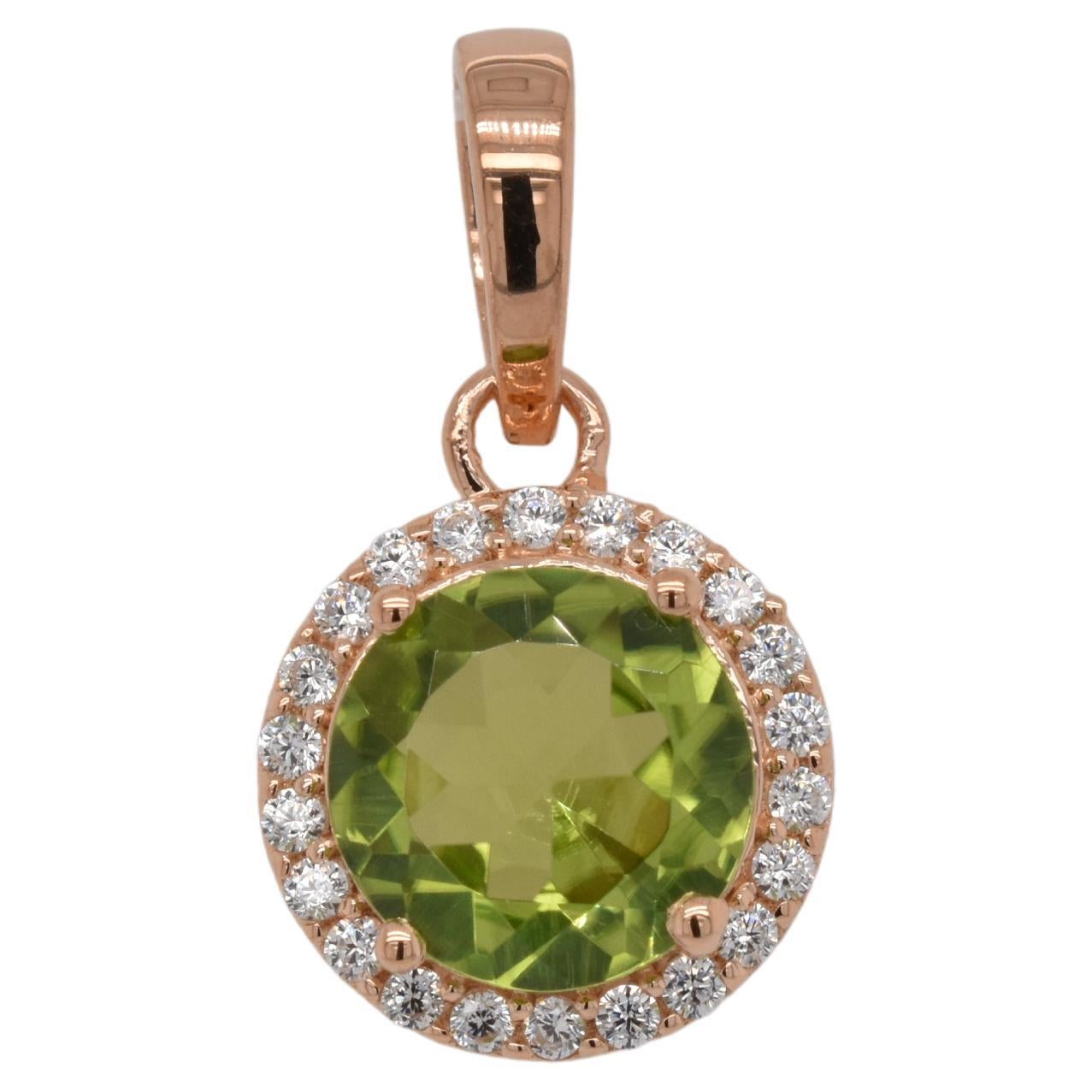 Round  Natural Peridot And CZ Rose Gold Over Sterling Silver Pendant For Sale