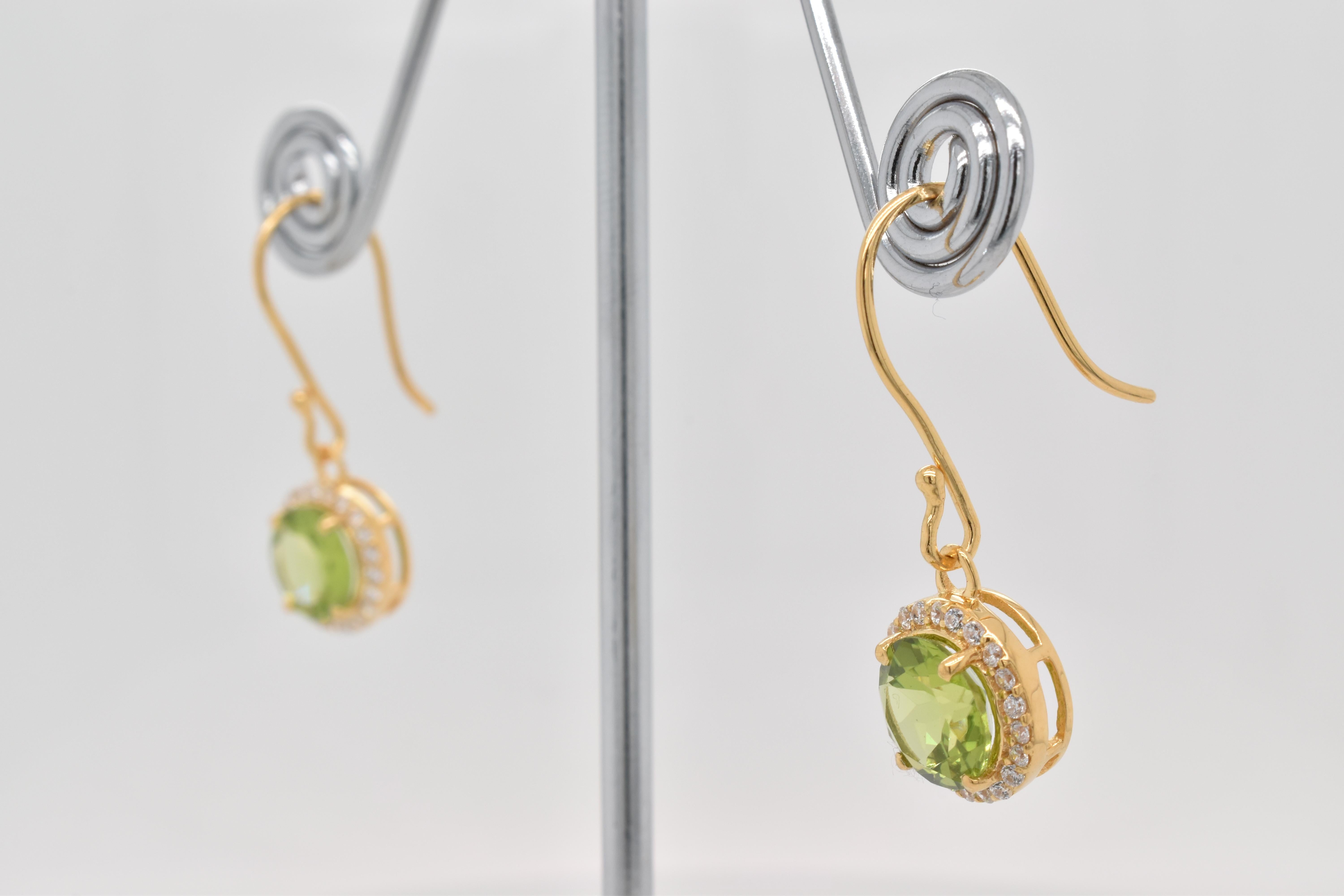 Round Cut Round  Natural Peridot And CZ Yellow Gold Over Sterling Silver Earrings For Sale