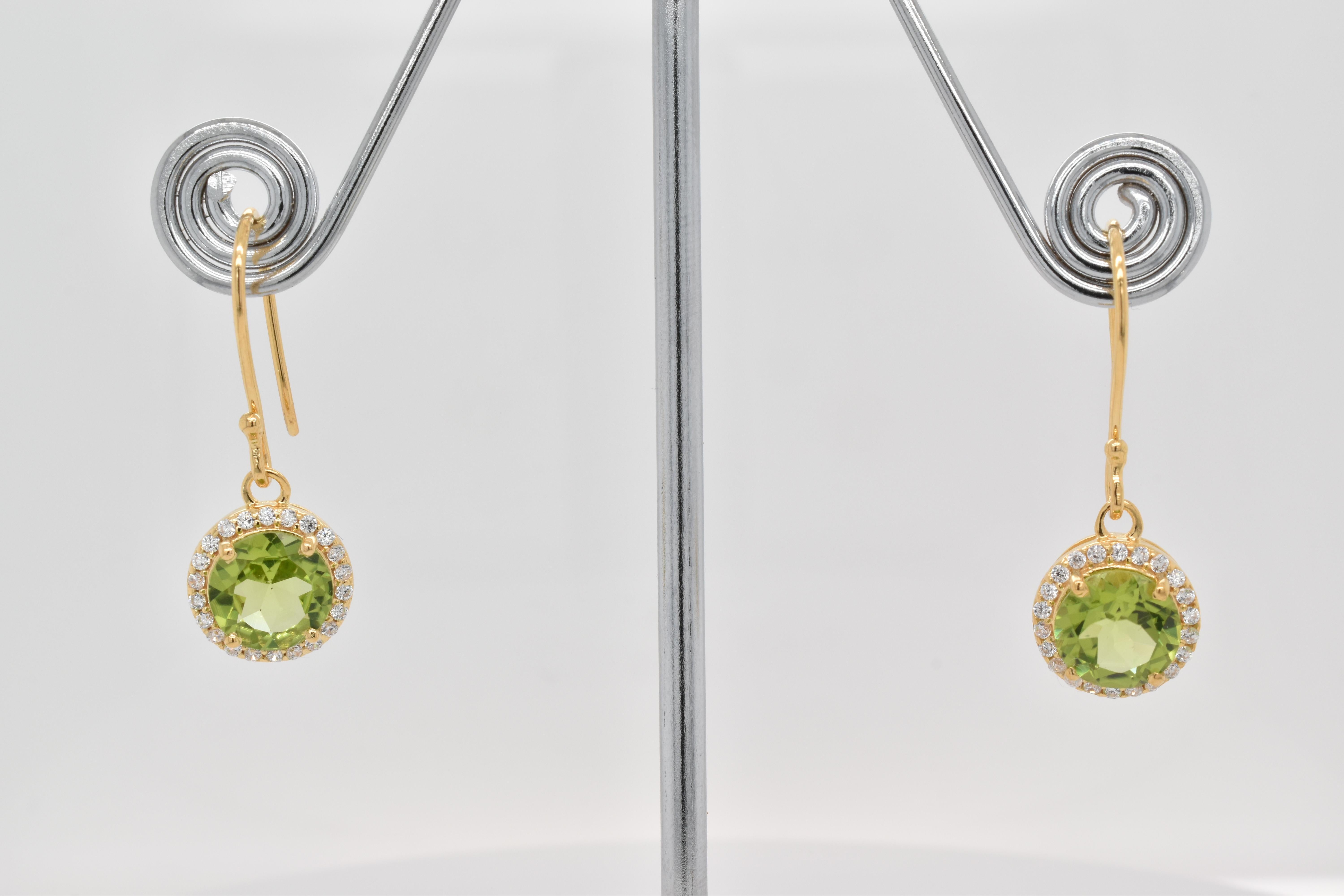 Round  Natural Peridot And CZ Yellow Gold Over Sterling Silver Earrings In New Condition For Sale In Fort Lee, NJ